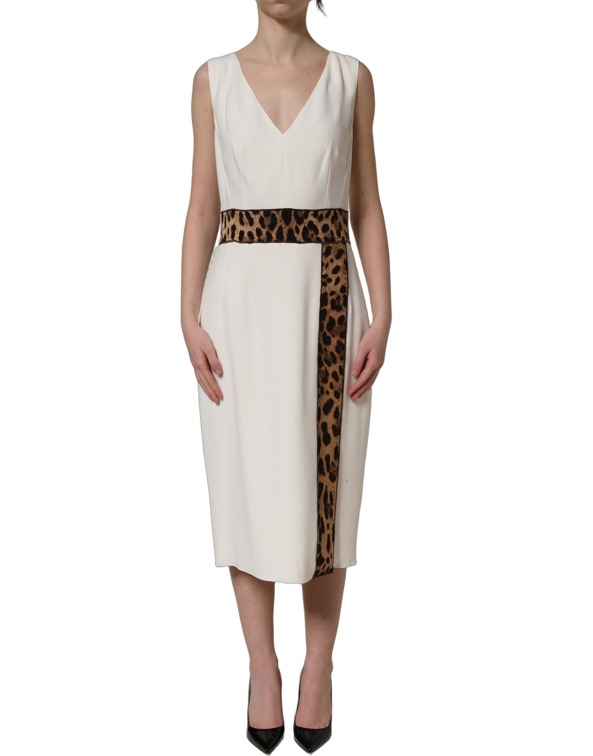 Pre-Owned Dolce & Gabbana White Leopard Sleeveless Sheath Midi Dress