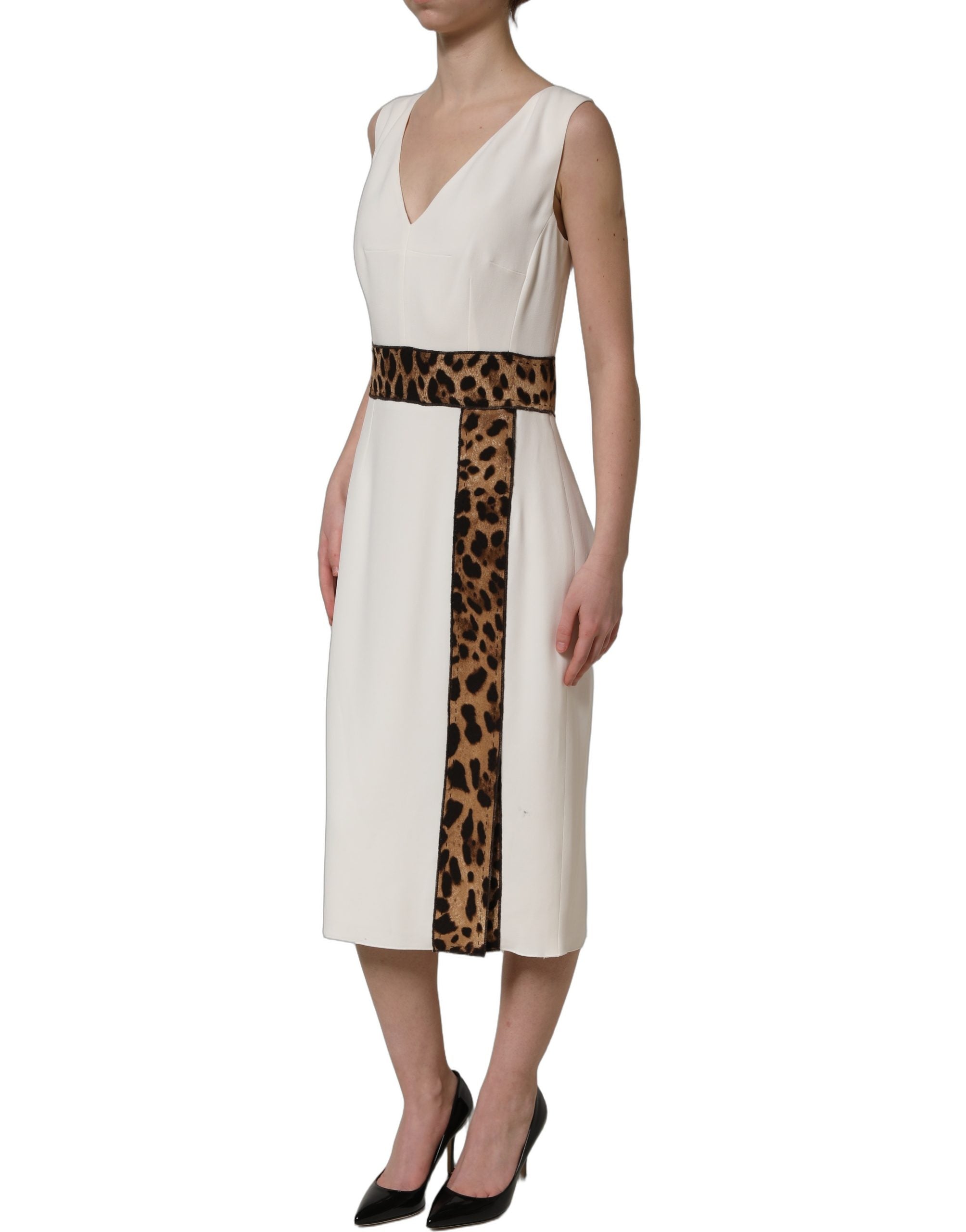 Pre-Owned Dolce & Gabbana White Leopard Sleeveless Sheath Midi Dress