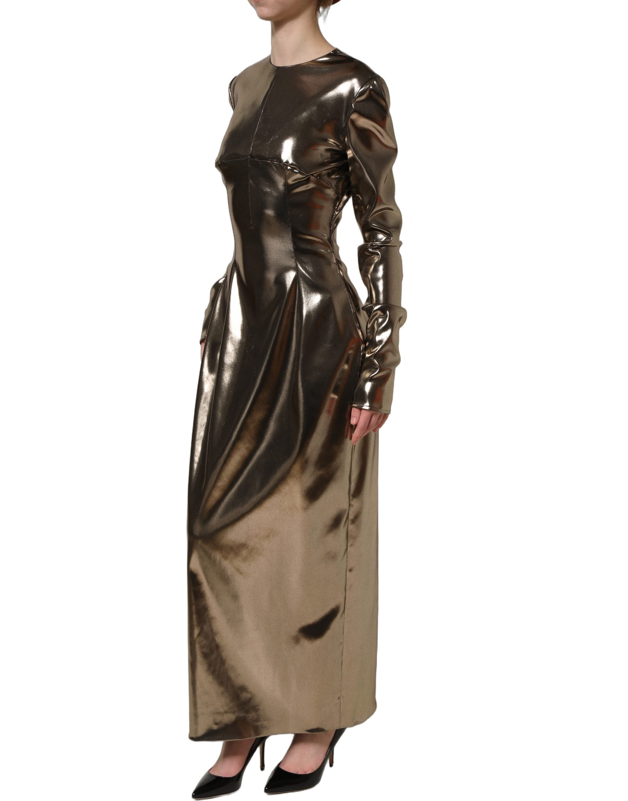 Dolce & Gabbana Metallic Gold Polyester LongSleeve Maxi Dress