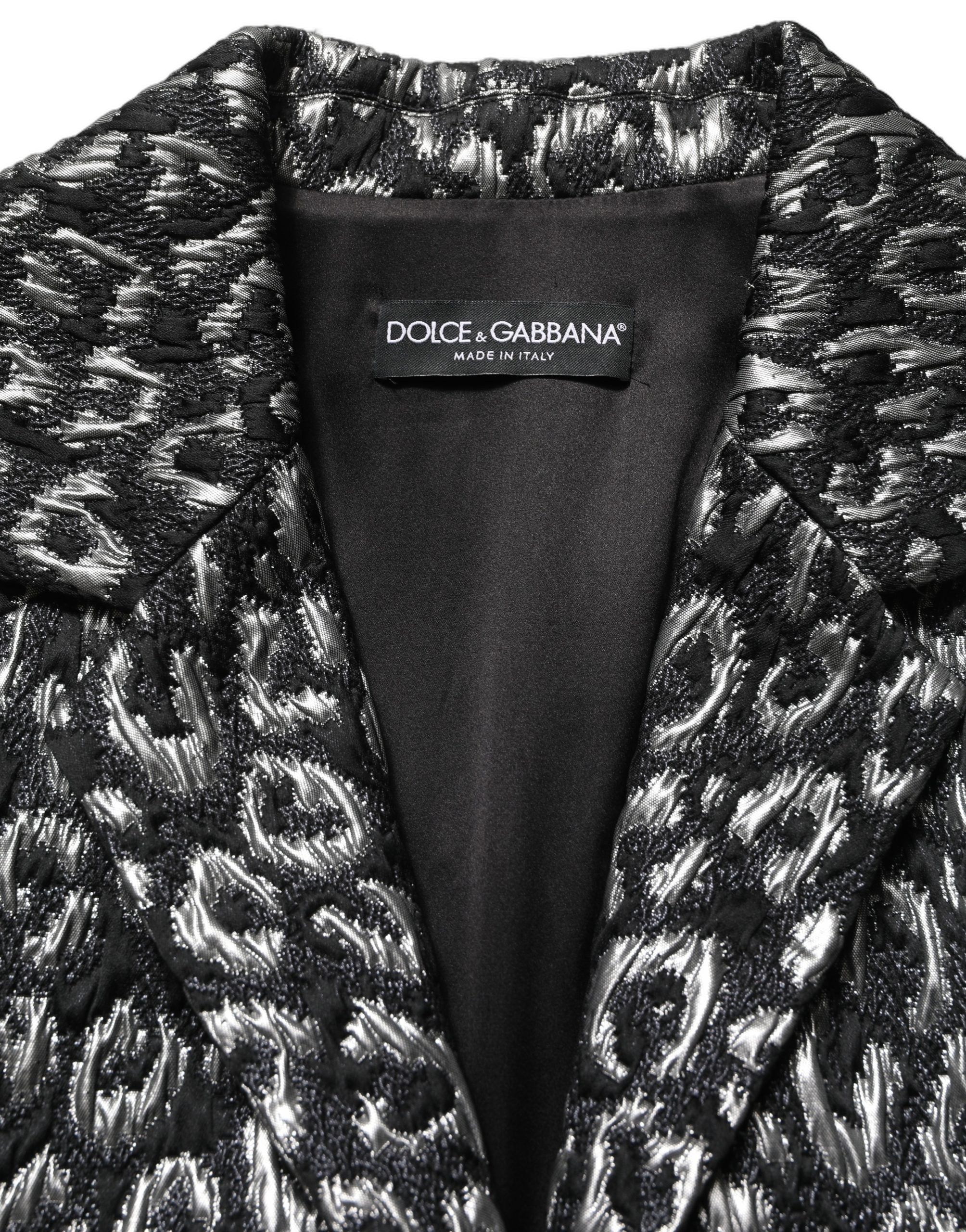 Dolce & Gabbana Black Silver Jacquard Leopard Coat Jacket