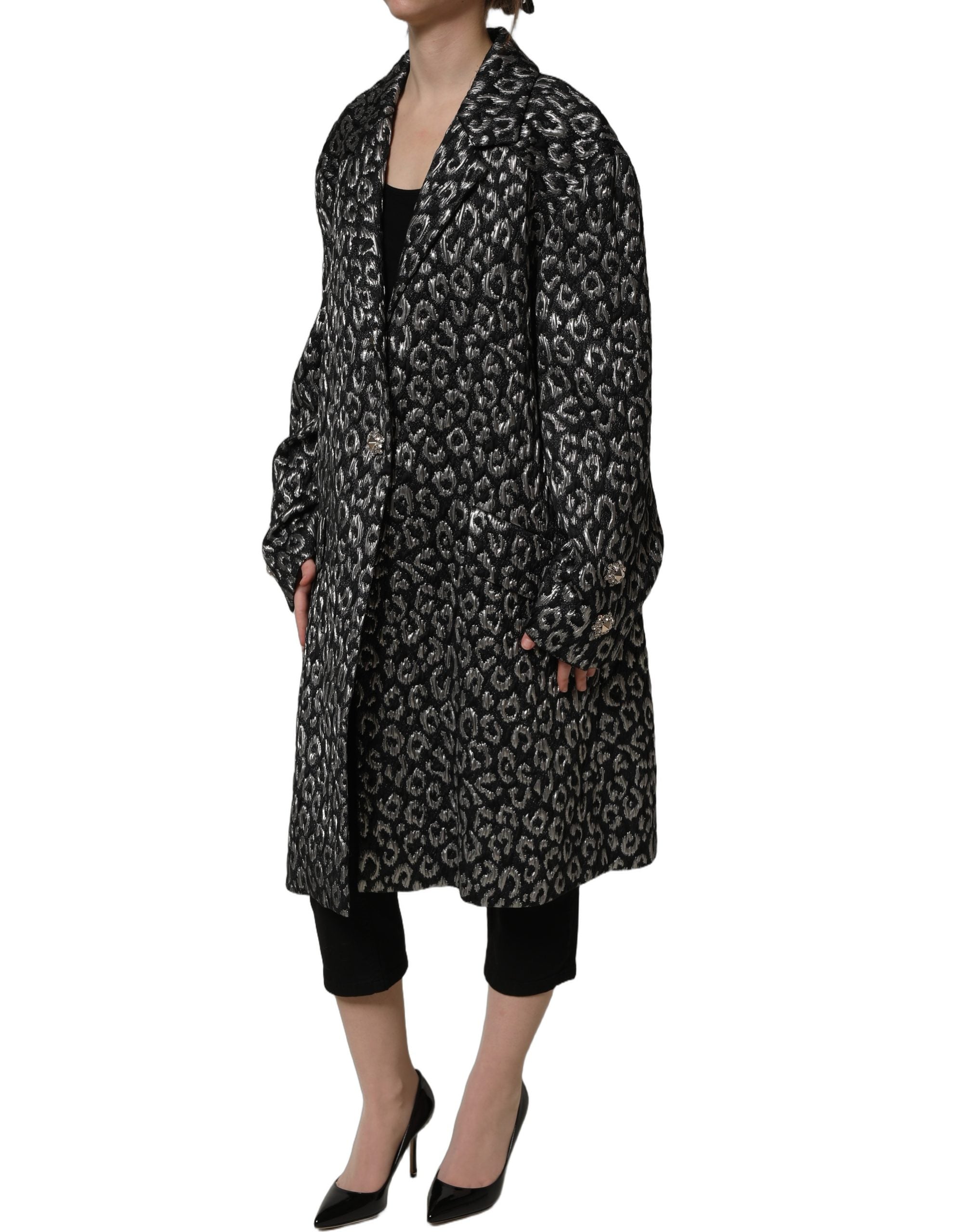 Dolce & Gabbana Black Silver Jacquard Leopard Coat Jacket