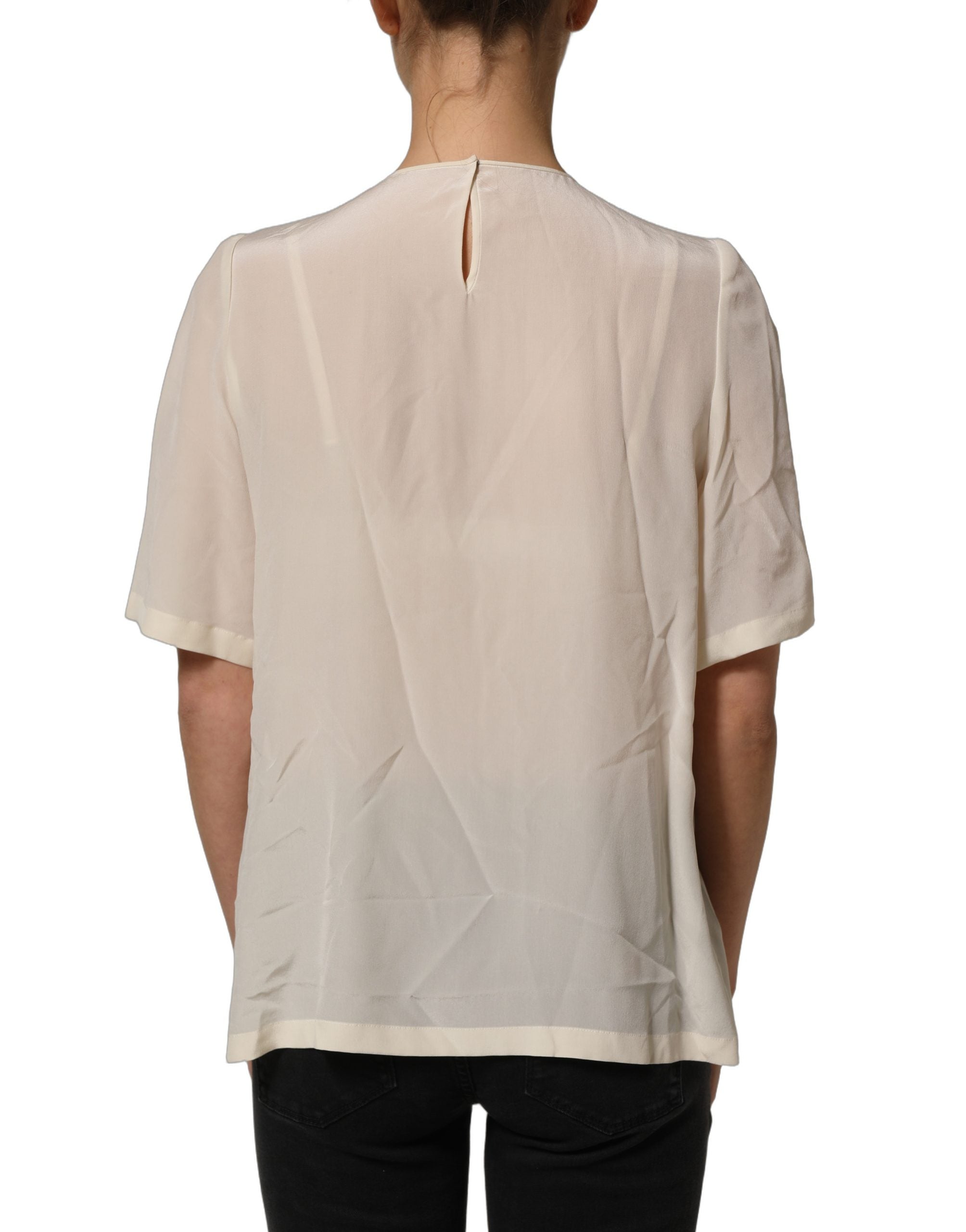 Dolce & Gabbana White Lace Trim Bow Short Sleeves Blouse Top