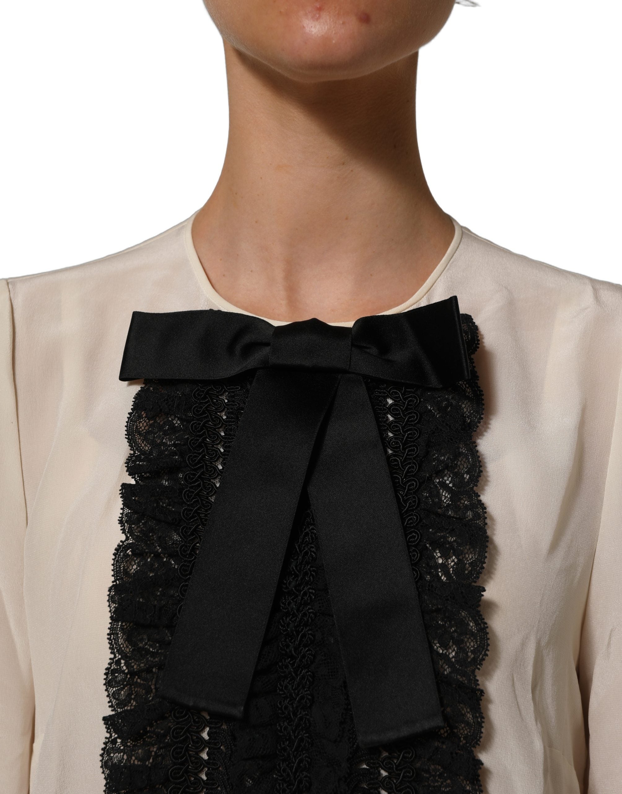 Dolce & Gabbana White Lace Trim Bow Short Sleeves Blouse Top