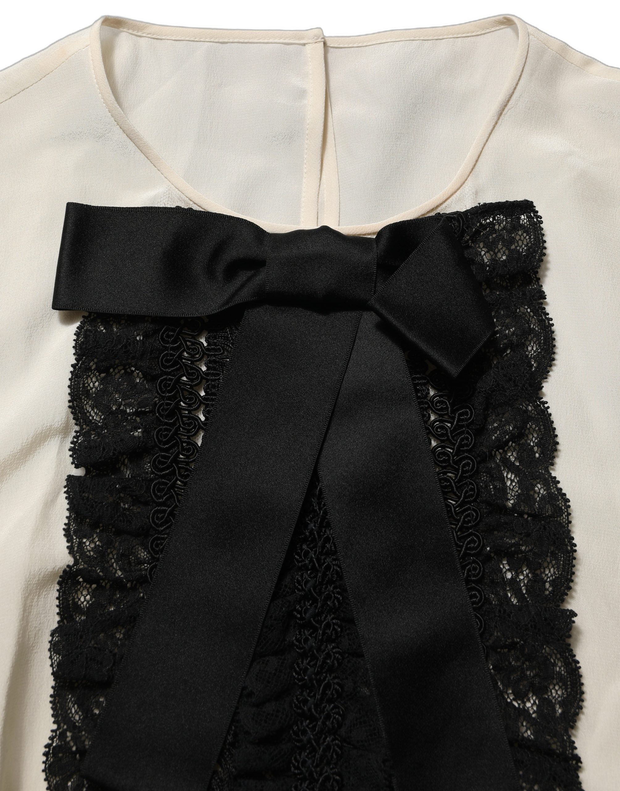Dolce & Gabbana White Lace Trim Bow Short Sleeves Blouse Top