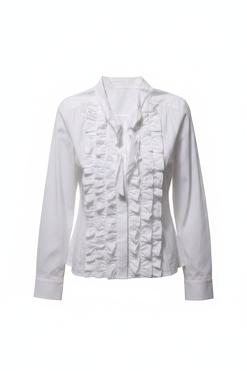 Dolce & Gabbana White Ruffled Long-Sleeved Cotton Blouse