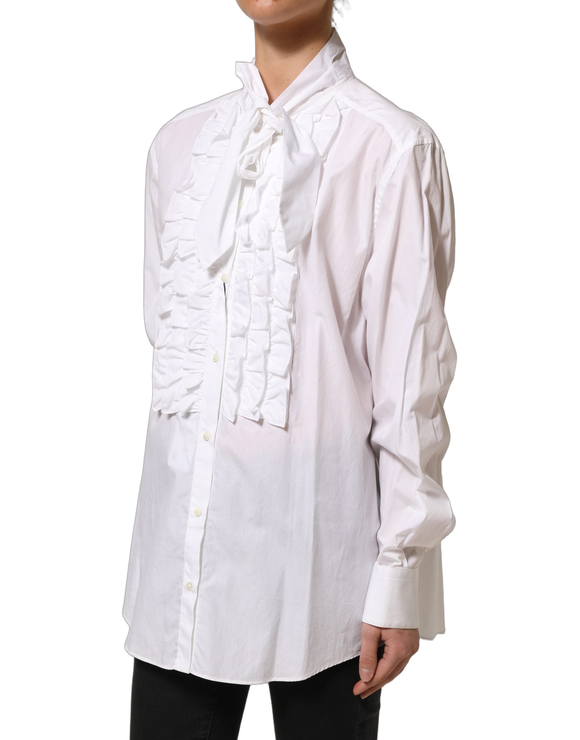 Dolce & Gabbana White Ruffled Long-Sleeved Cotton Blouse