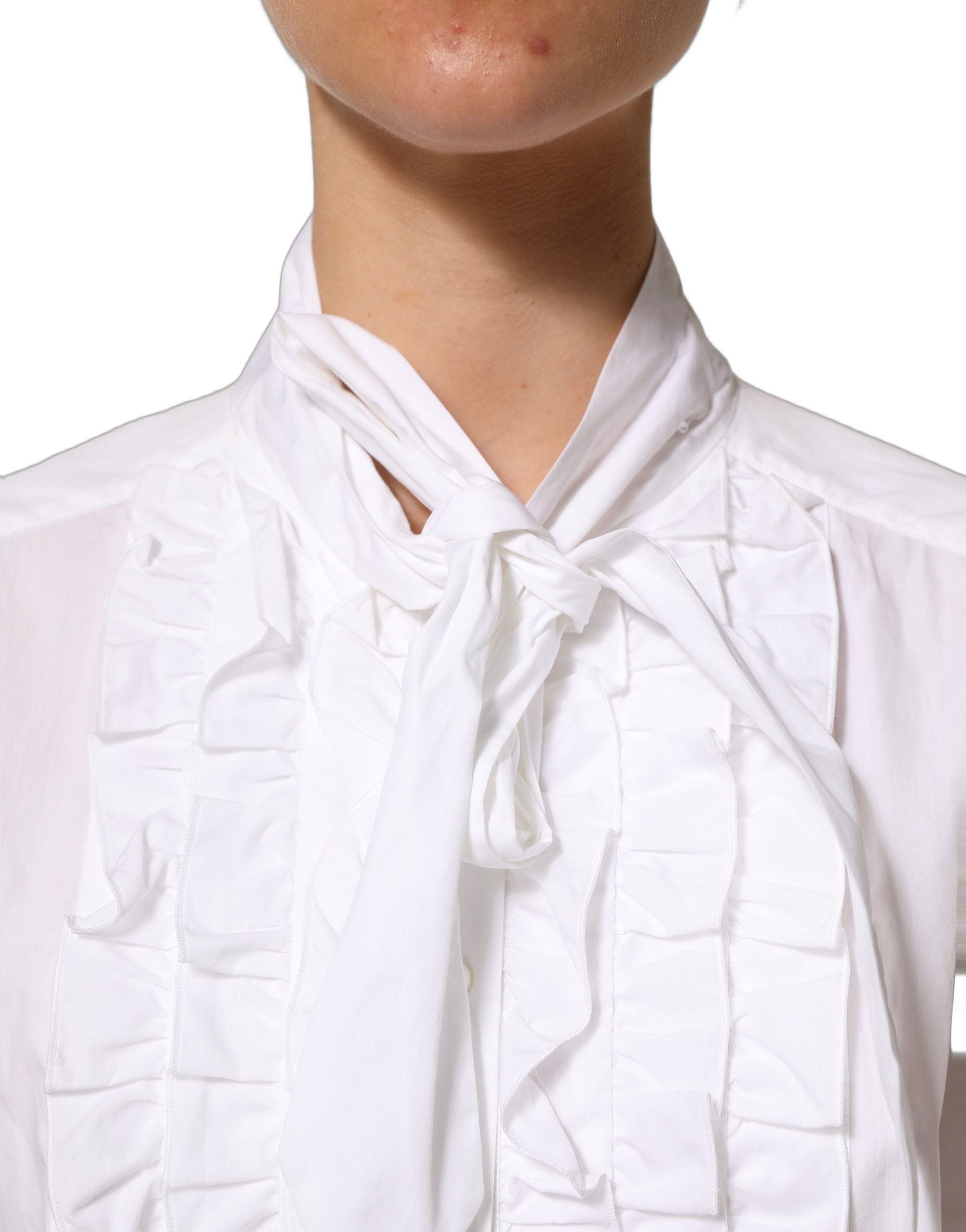 Dolce & Gabbana White Ruffled Long-Sleeved Cotton Blouse