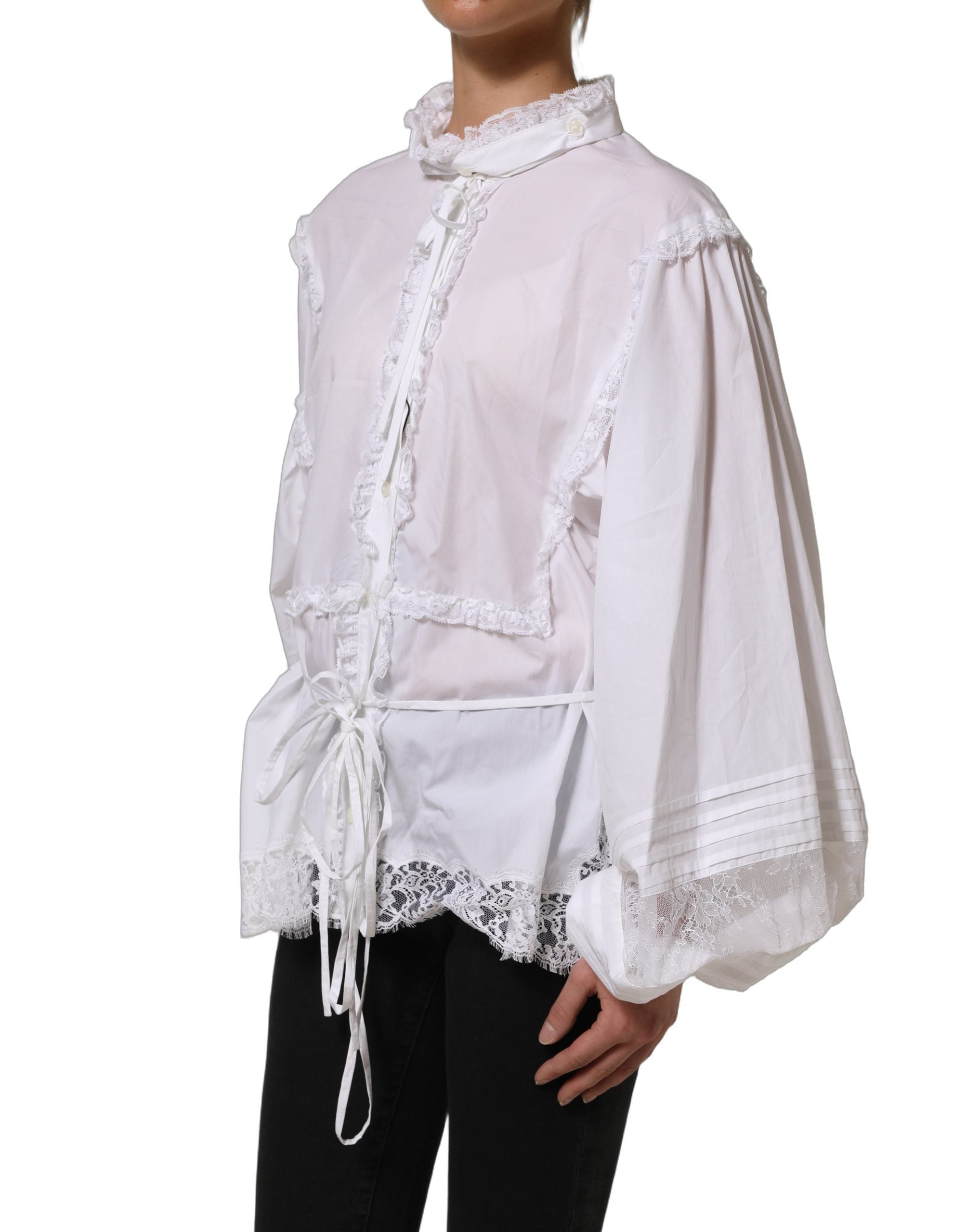 Dolce & Gabbana White Ruffled Lace Embellished Blouse Top