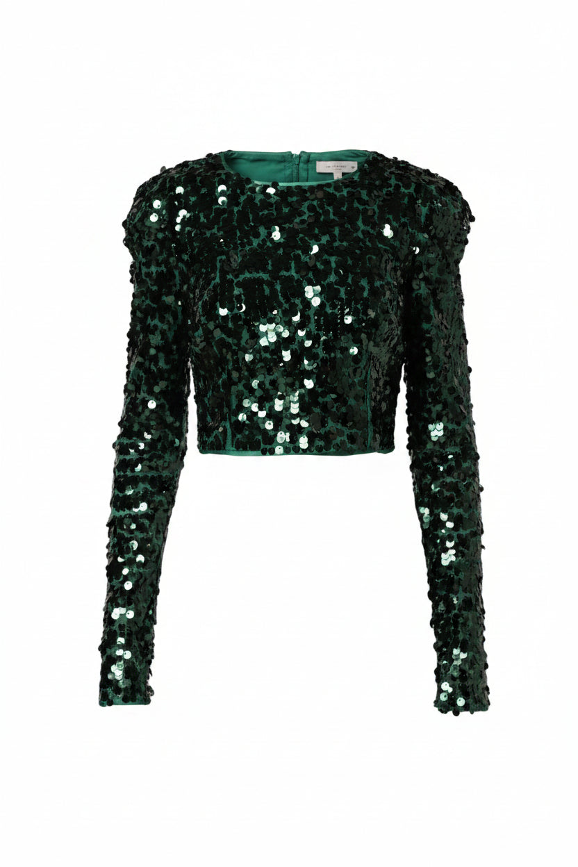 Dolce & Gabbana Green Sequin Long-Sleeved Cropped Blouse