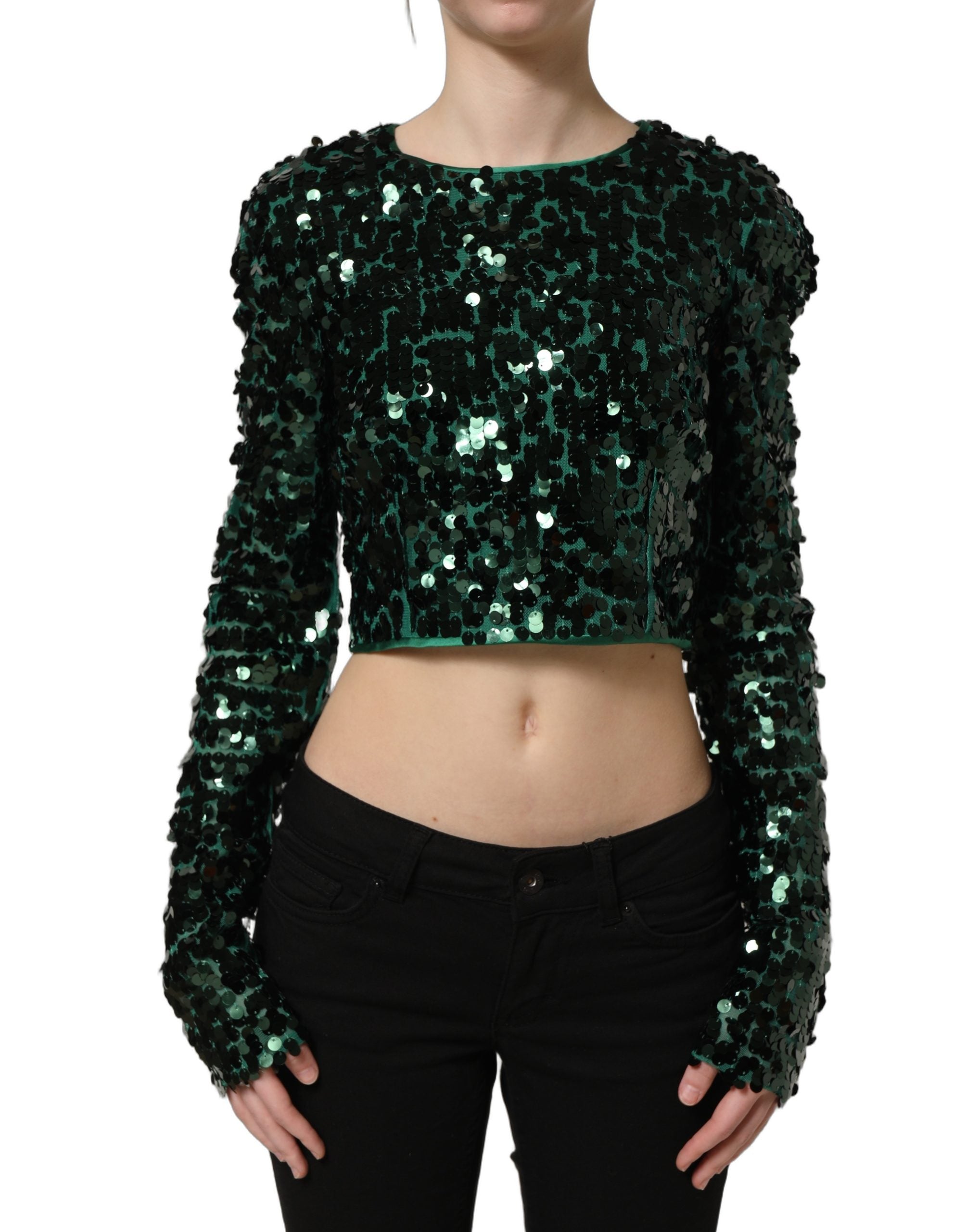 Dolce & Gabbana Green Sequin Long-Sleeved Cropped Blouse