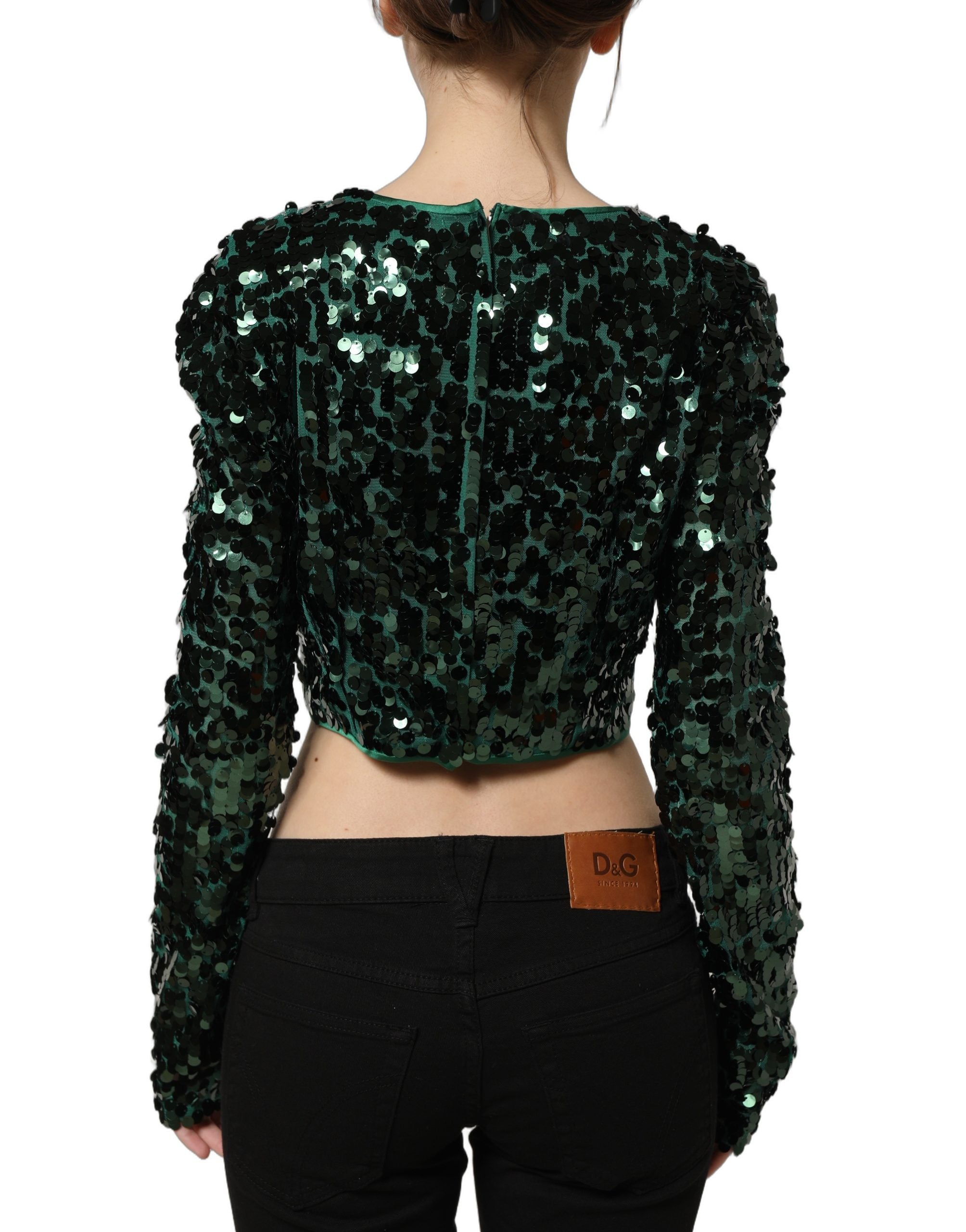 Dolce & Gabbana Green Sequin Long-Sleeved Cropped Blouse