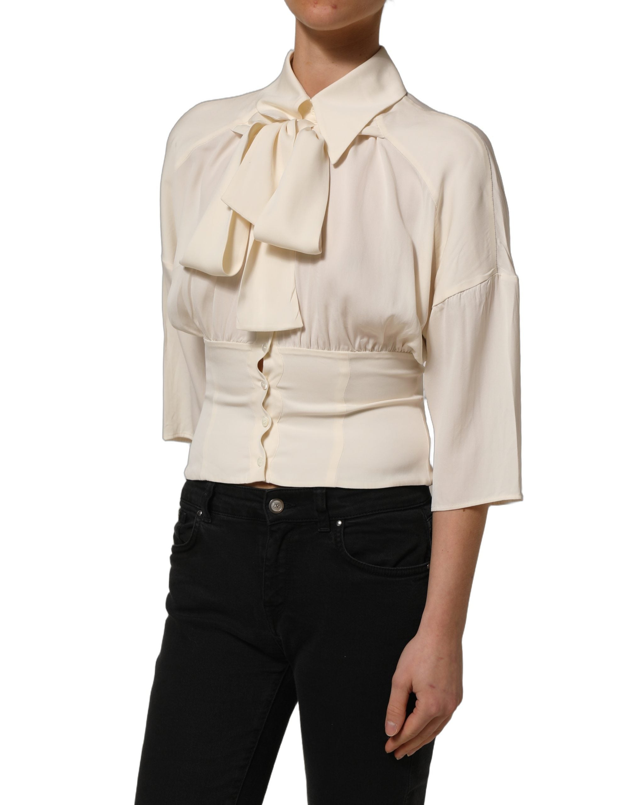 Dolce & Gabbana Off White Ascot Collar Long Sleeves Blouse Top