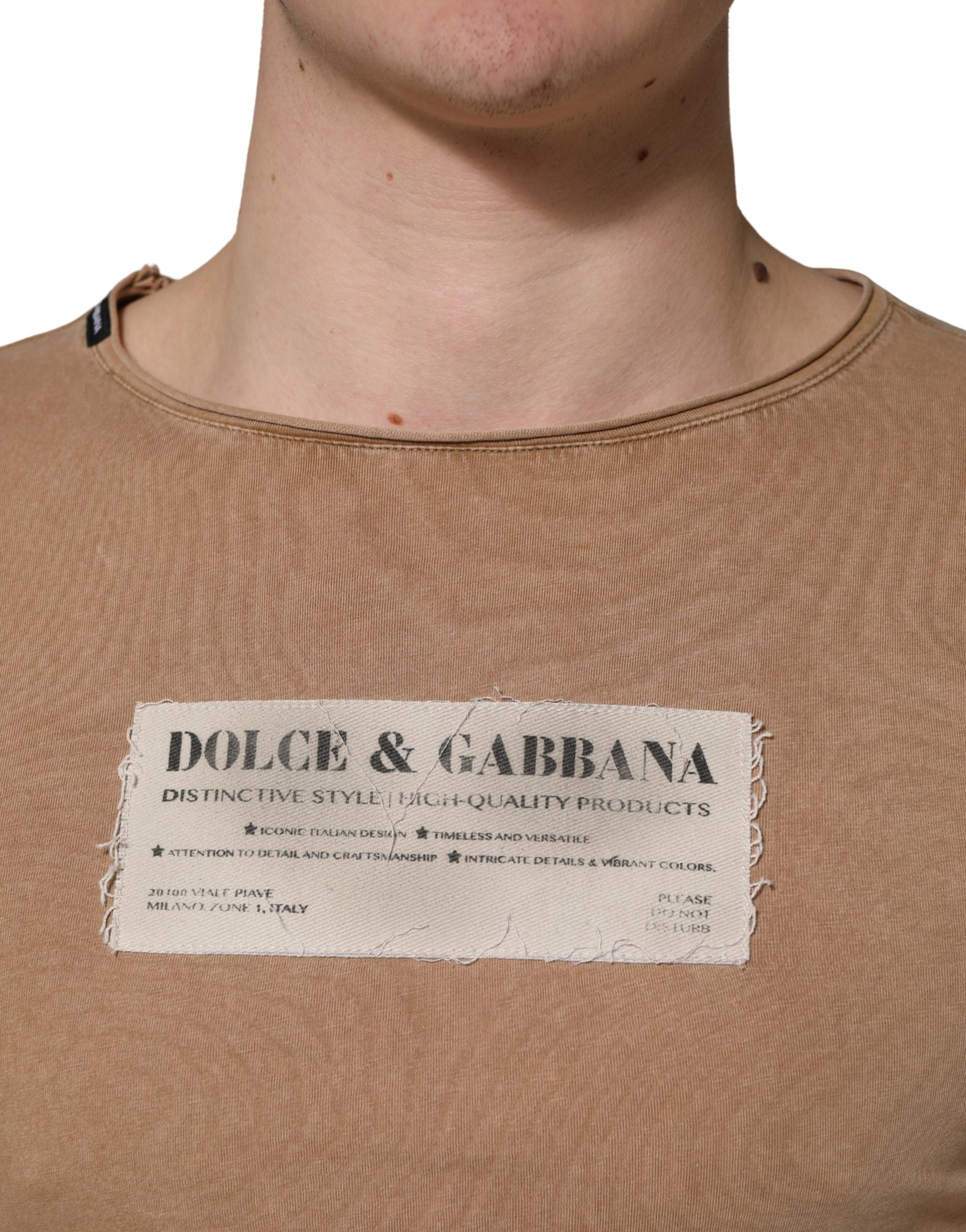 Dolce & Gabbana Brown Cotton Logo Patch Round Neck T-shirt