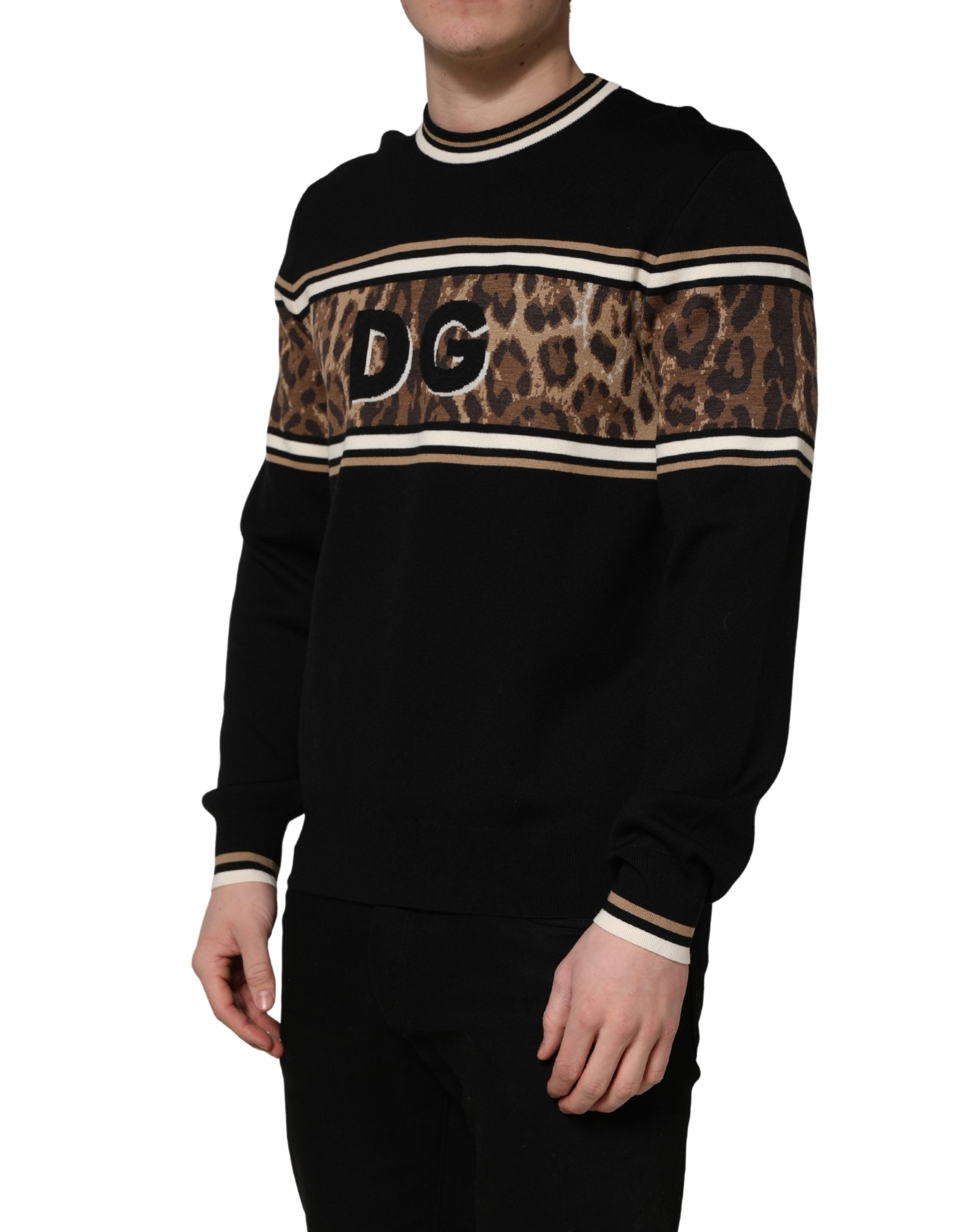 Dolce & Gabbana Black Leopard Wool Crew Neck Men Pullover Sweater