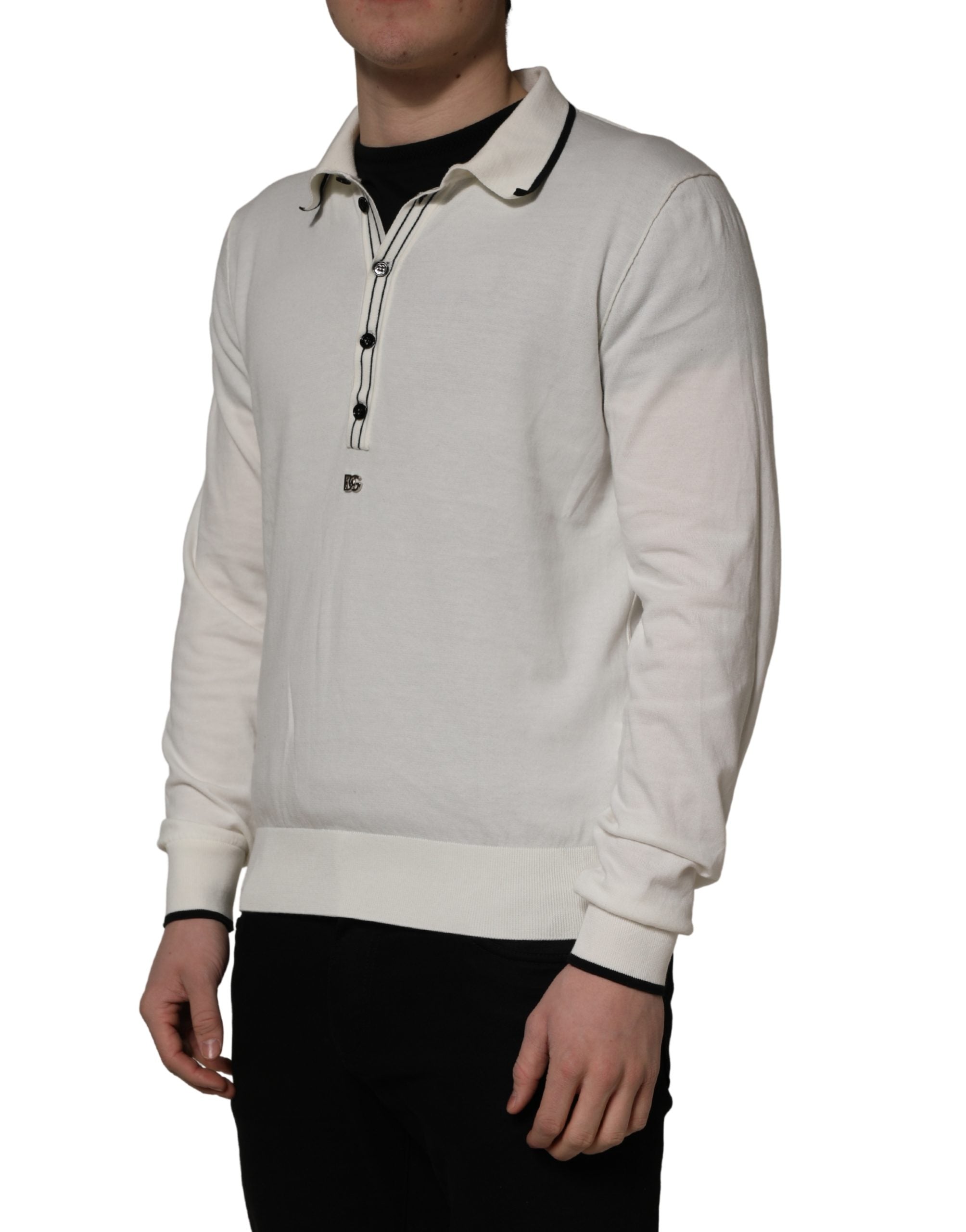 Dolce & Gabbana White Cotton Blend Men Polo Pullover Sweater