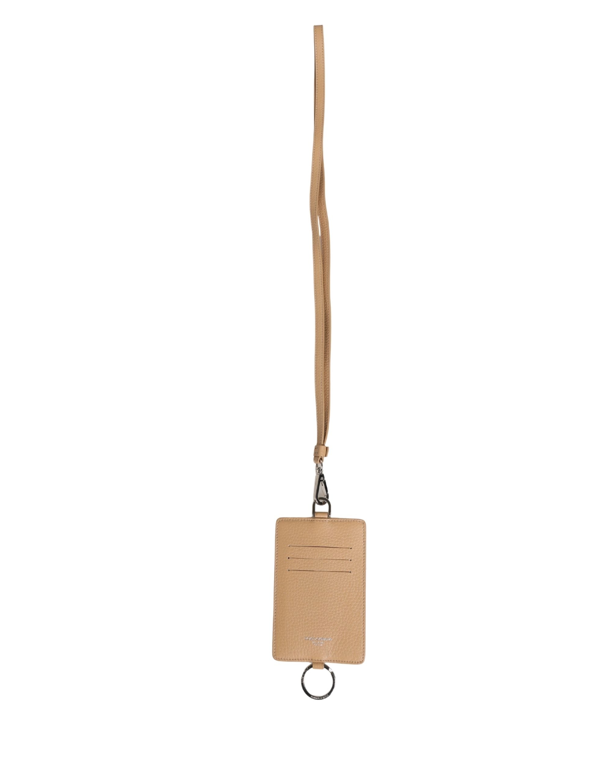 Dolce & Gabbana Beige Leather Logo Emsed Lanyard Card Holder Wallet
