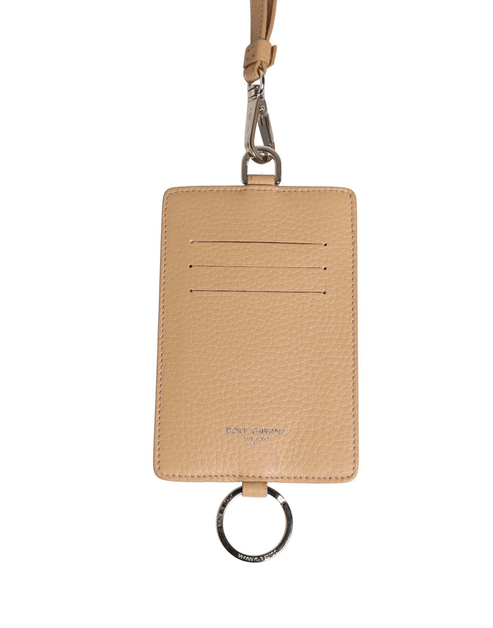 Dolce & Gabbana Beige Leather Logo Emsed Lanyard Card Holder Wallet