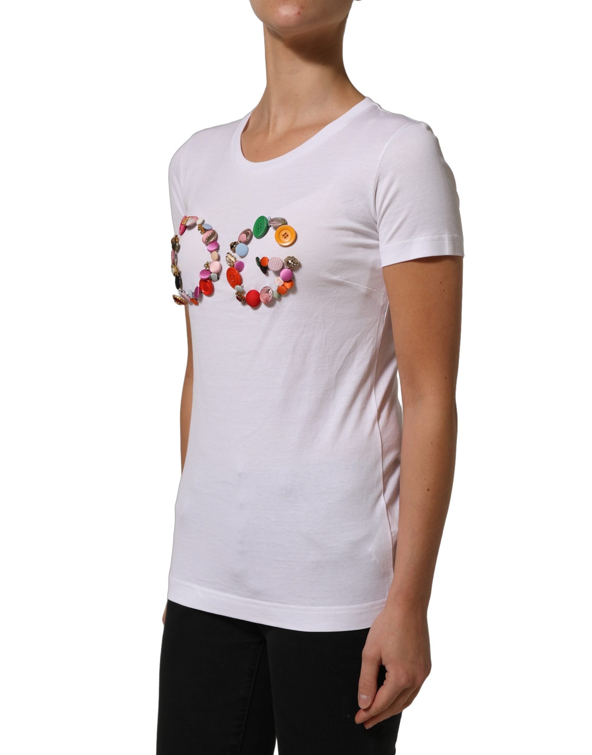 Dolce & Gabbana White DG Logo Embellished Round Neck T-shirt
