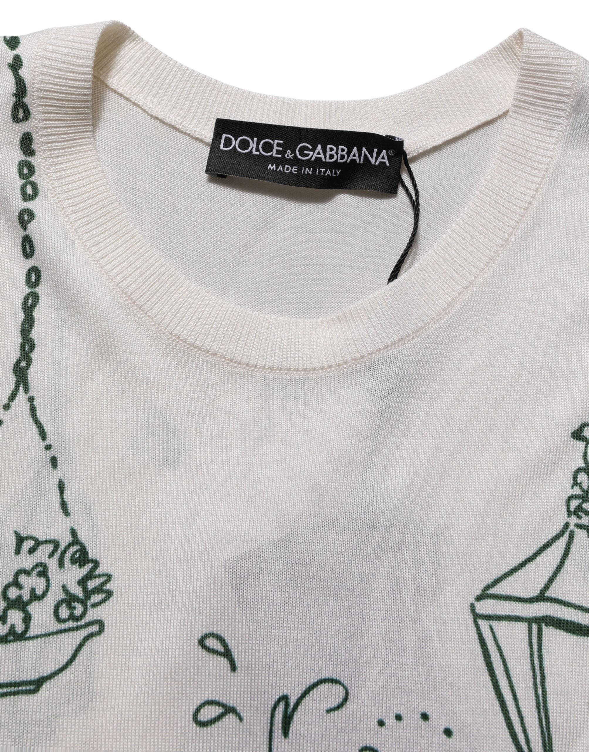Dolce & Gabbana White Silk Knit Garden Fountain Print Tank Top