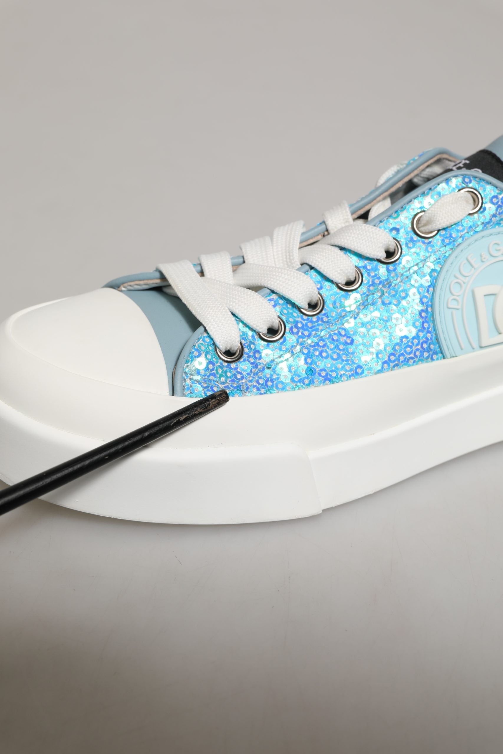 Dolce & Gabbana Blue White Sequin Logo Low Top Sneakers Shoes