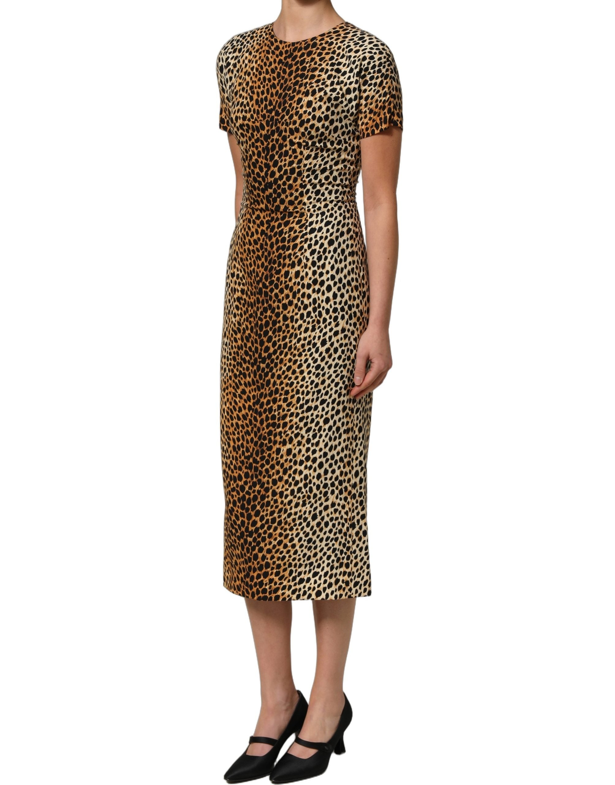 Dolce & Gabbana Brown Leopard Print Silk Sheath Midi Dress