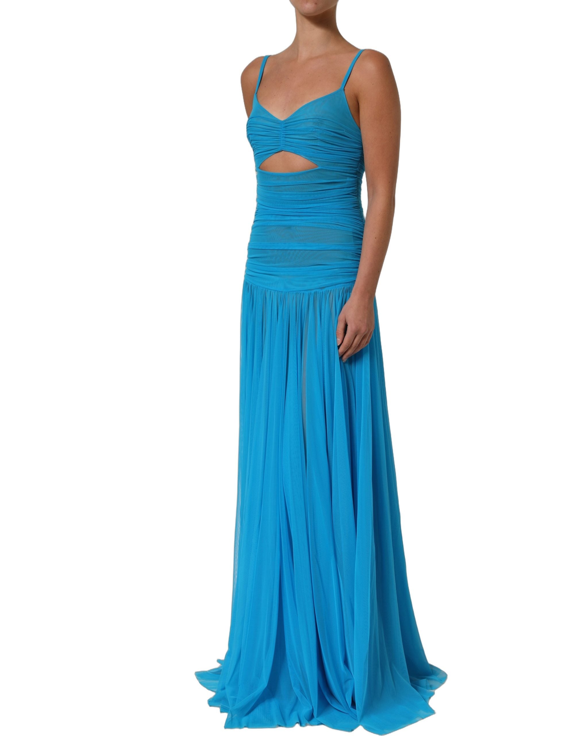 Dolce & Gabbana Blue Nylon Pleated Chiffon CutOut Gown Dress