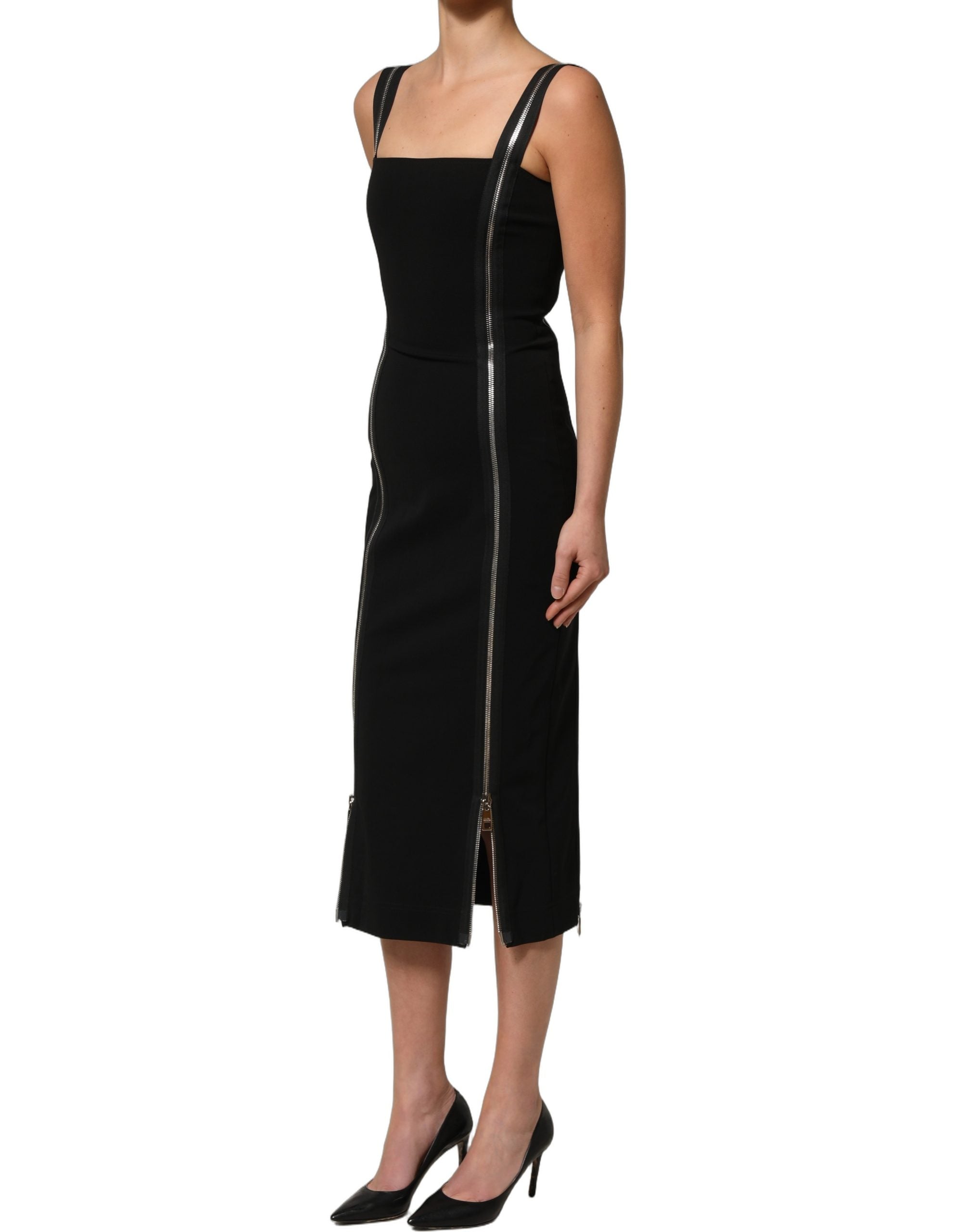 Dolce & Gabbana Black Sleeveless Front Zipper Midi Dress
