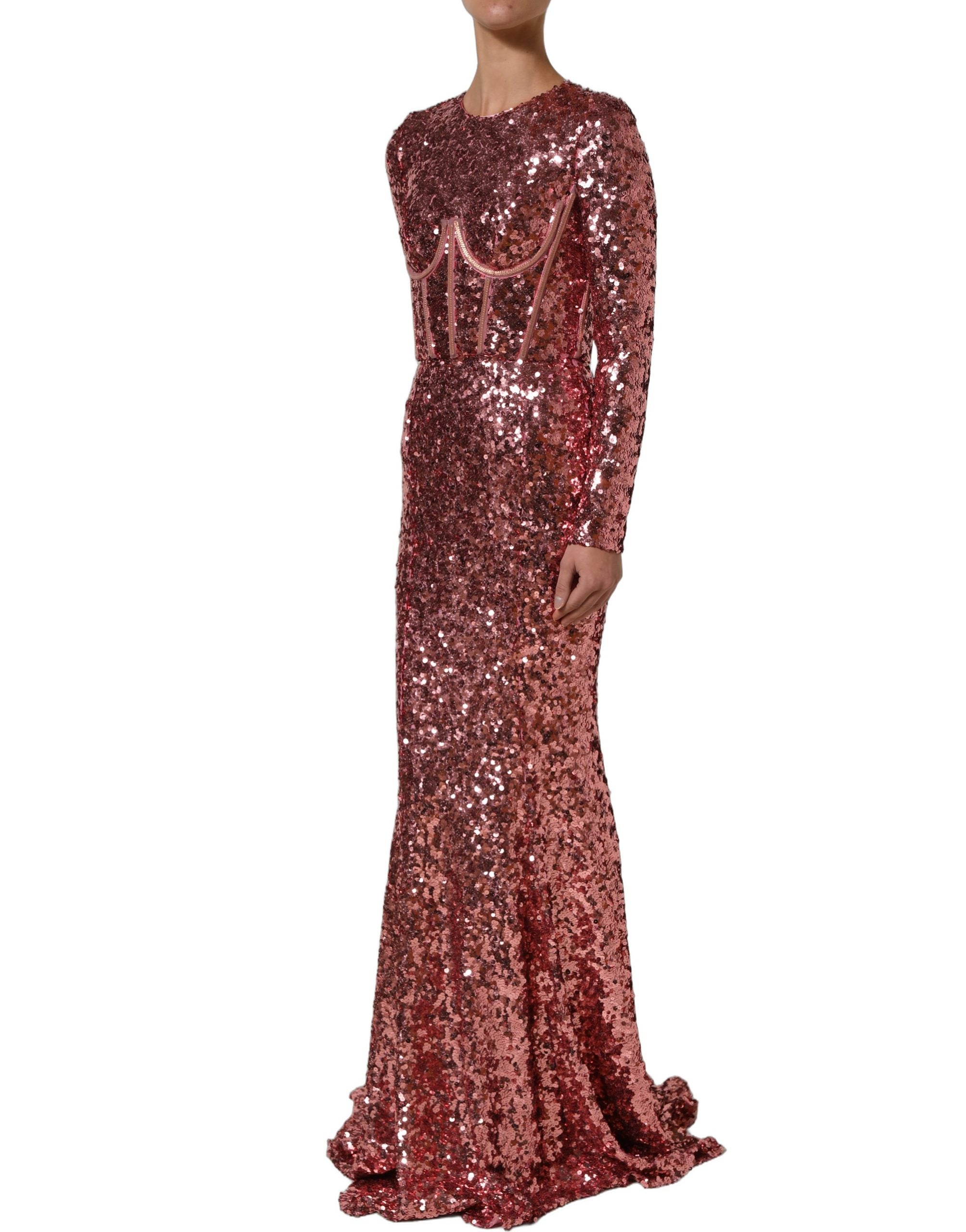 Dolce & Gabbana Pink Long Sequined Corset Detailing Gown Dress