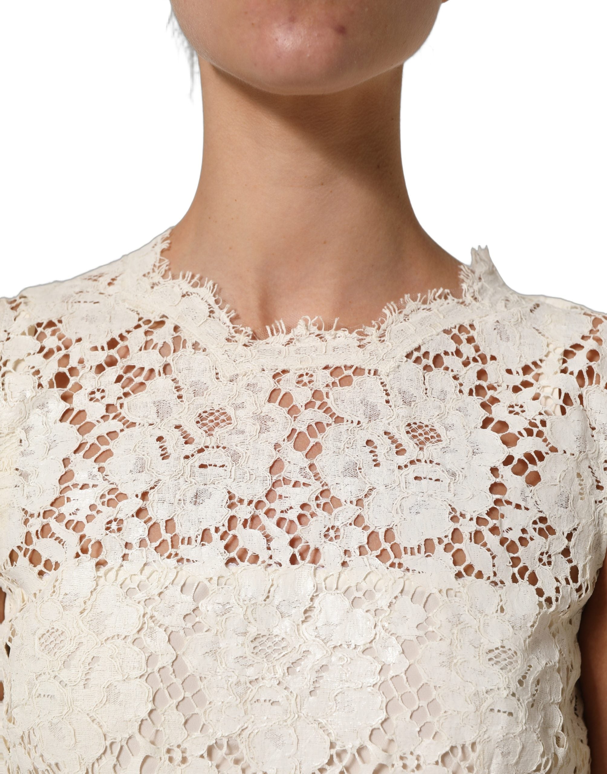 Dolce & Gabbana White Cotton Corded Lace Sleeveless Midi Dress