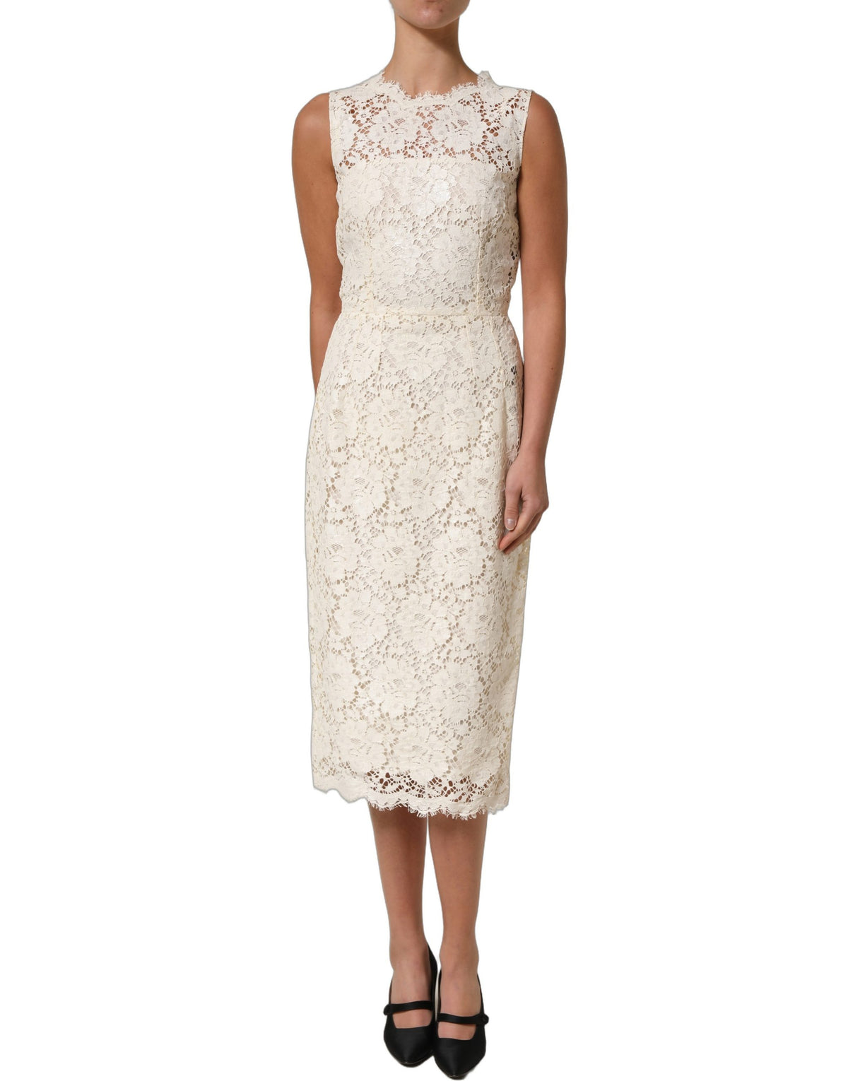 Dolce & Gabbana White Cotton Corded Lace Sleeveless Midi Dress