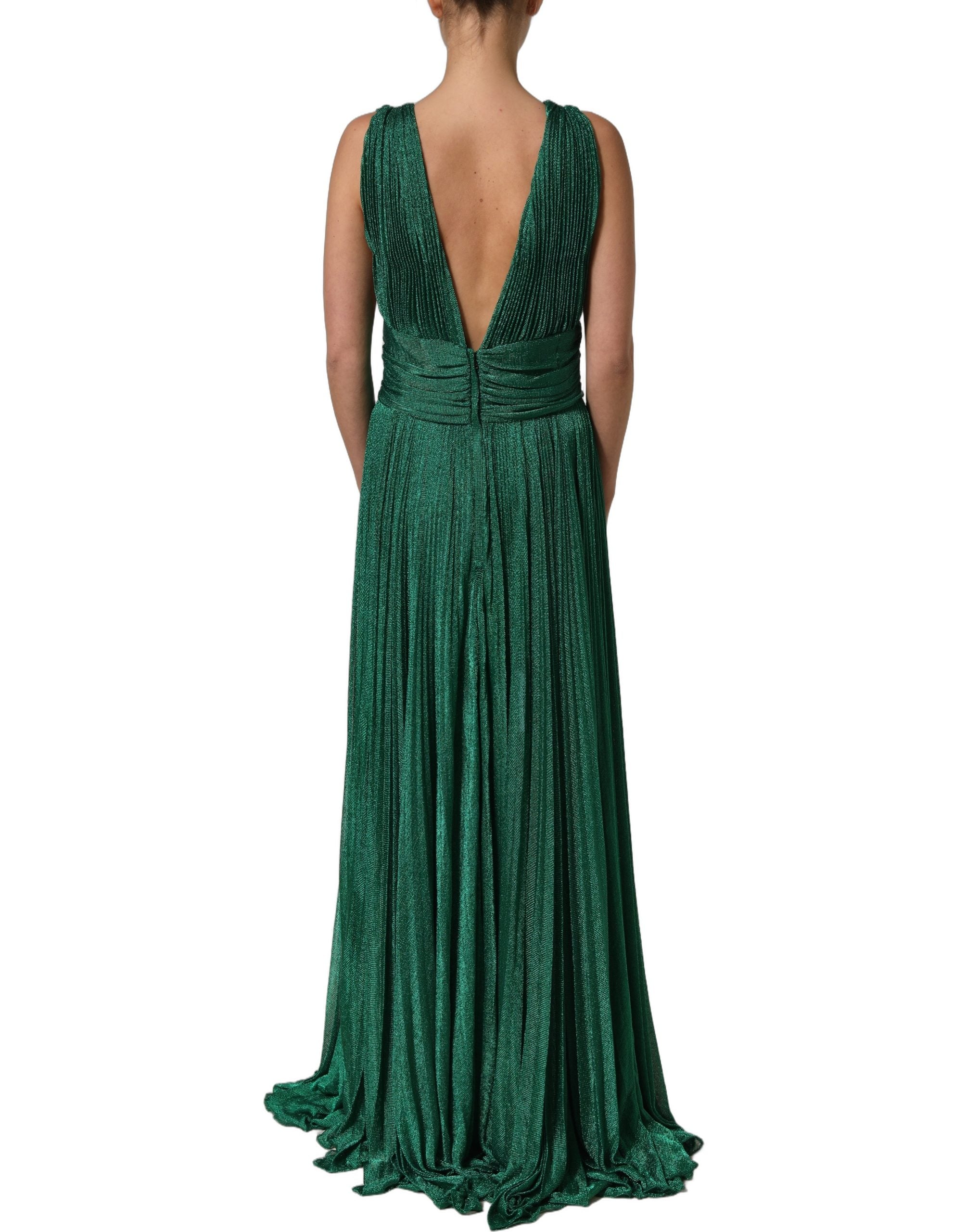 Dolce & Gabbana Metallic Green Sleeveless Plissé Gown Dress