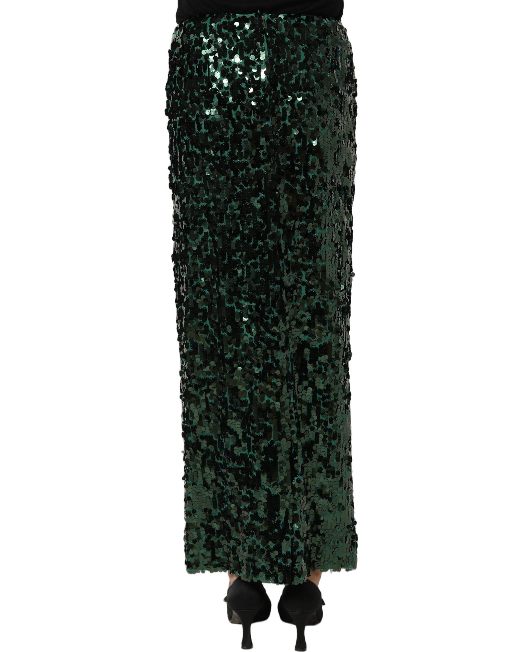 Dolce & Gabbana Green Sequin High Waist Pencil Cut Midi Skirt