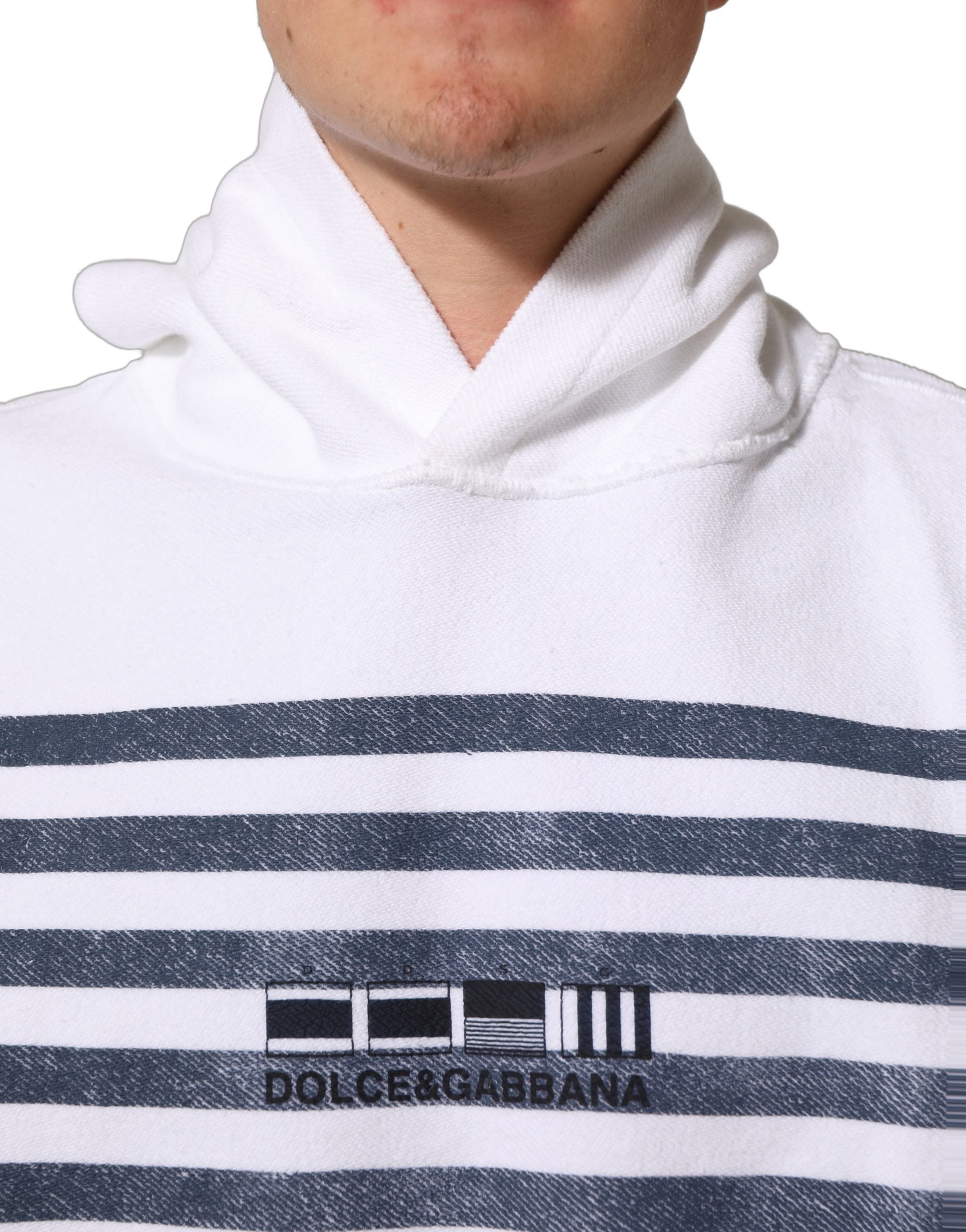 Dolce & Gabbana White Blue Stripe Hooded Sweatshirt Sweater