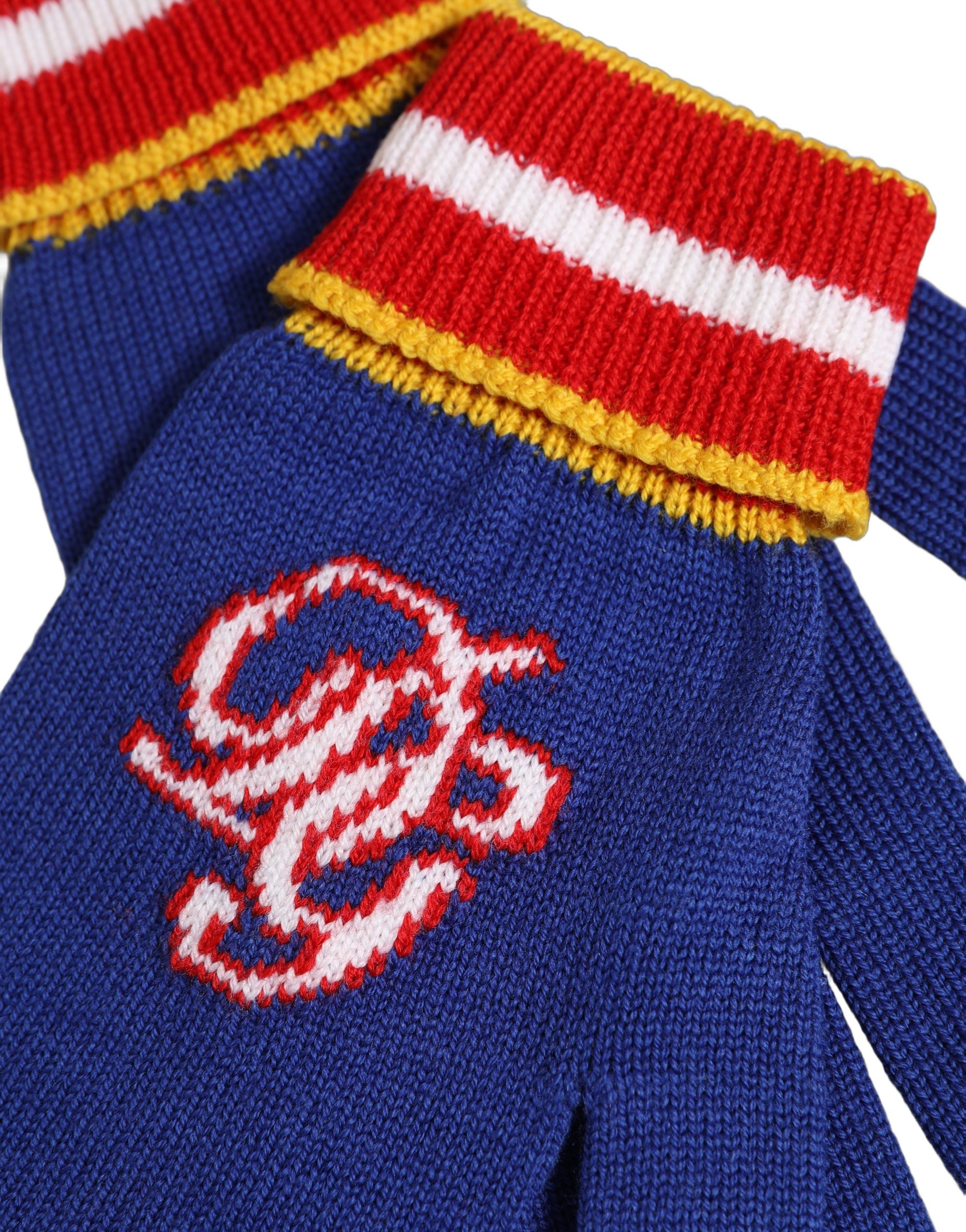 Dolce & Gabbana Blue Striped Wool DG Logo Embroidered Gloves
