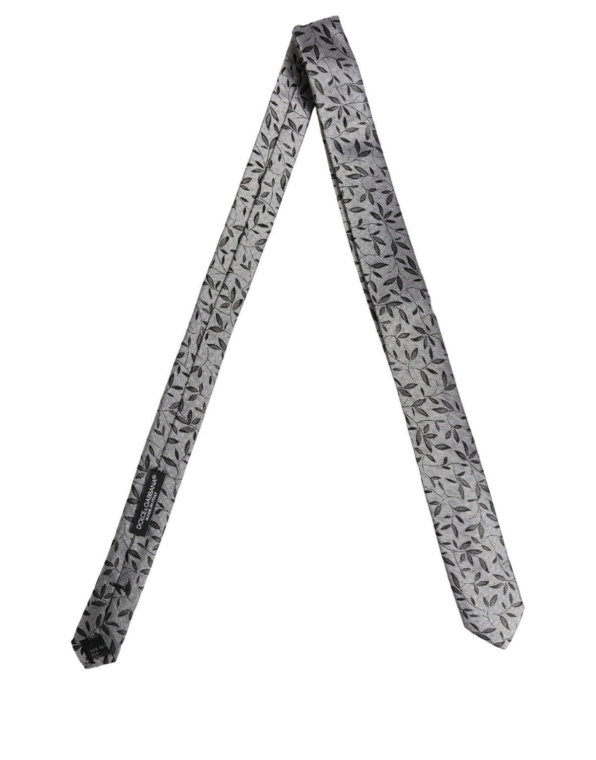 New Dolce & Gabbana Men Gray Leaf Pattern Silk Adjustable Tied Necktie Tie