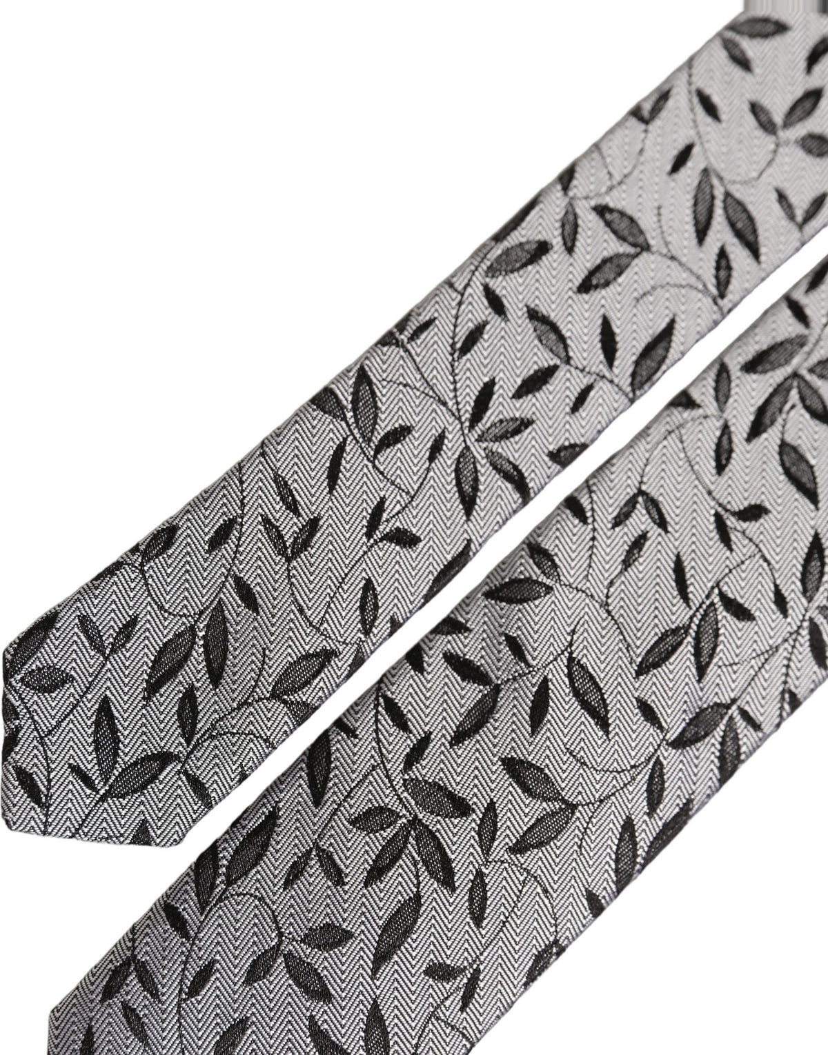 New Dolce & Gabbana Men Gray Leaf Pattern Silk Adjustable Tied Necktie Tie