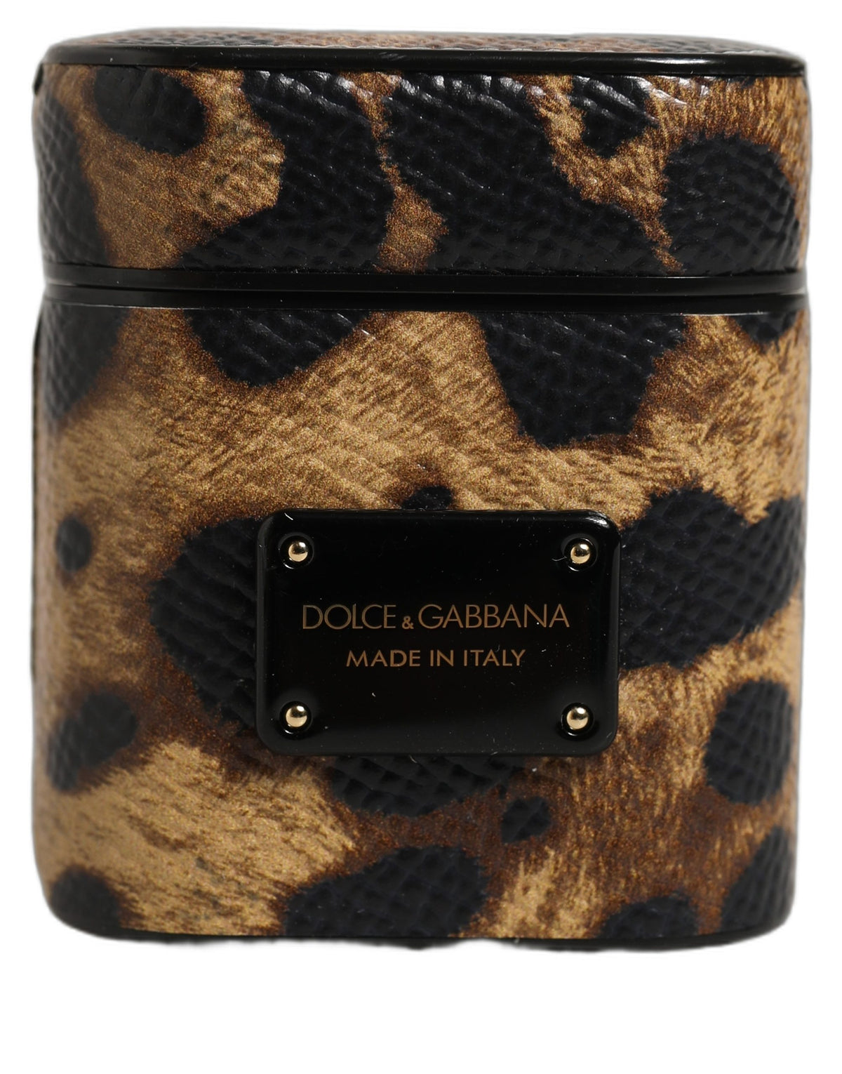Dolce & Gabbana Brown Leopard Leather Metal Logo Plaque Airpods Case