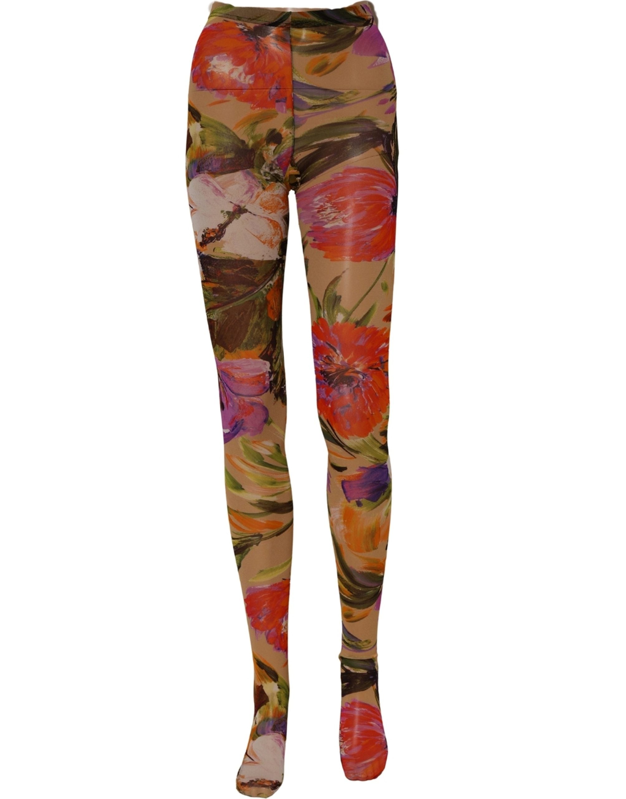Dolce & Gabbana Beige Floral Print Tights Sheer Stockings Socks