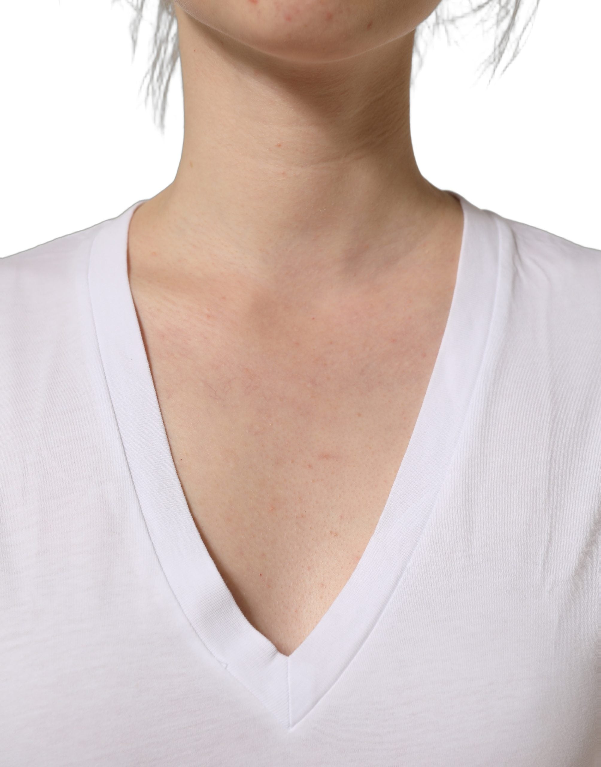 Dolce & Gabbana White Cotton Gold DG Logo V-Neck T-shirt