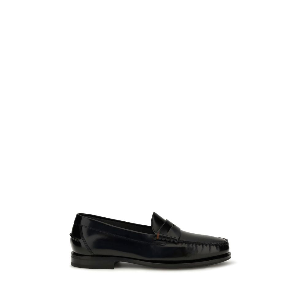 Santoni Black Leather Slip-On Loafers