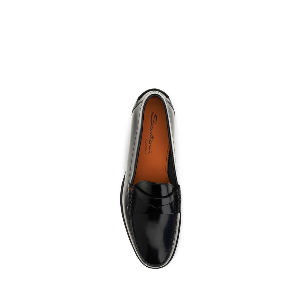 Santoni Black Leather Slip-On Loafers