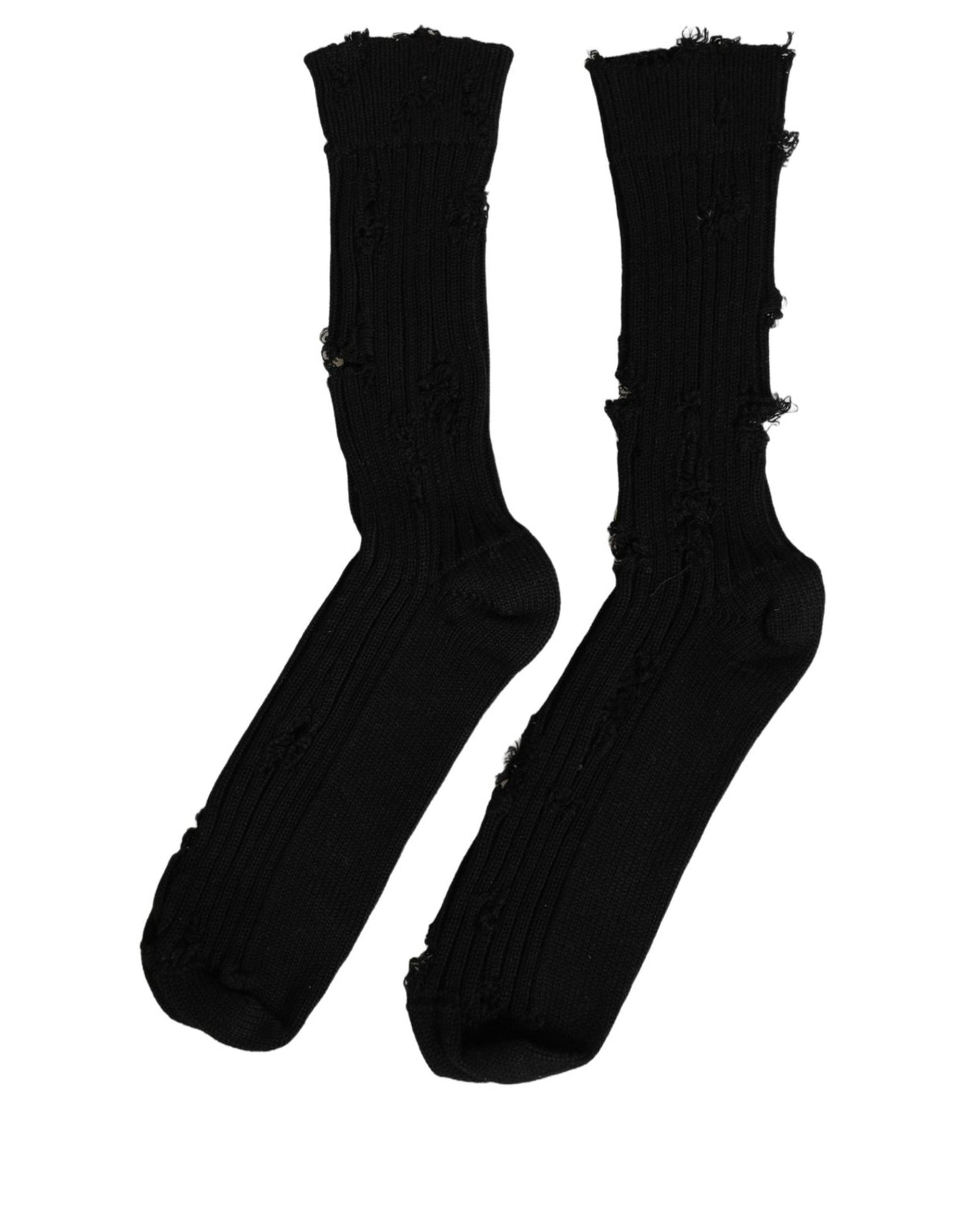 Dolce & Gabbana Black Cotton Distressed Mid Accessory Socks