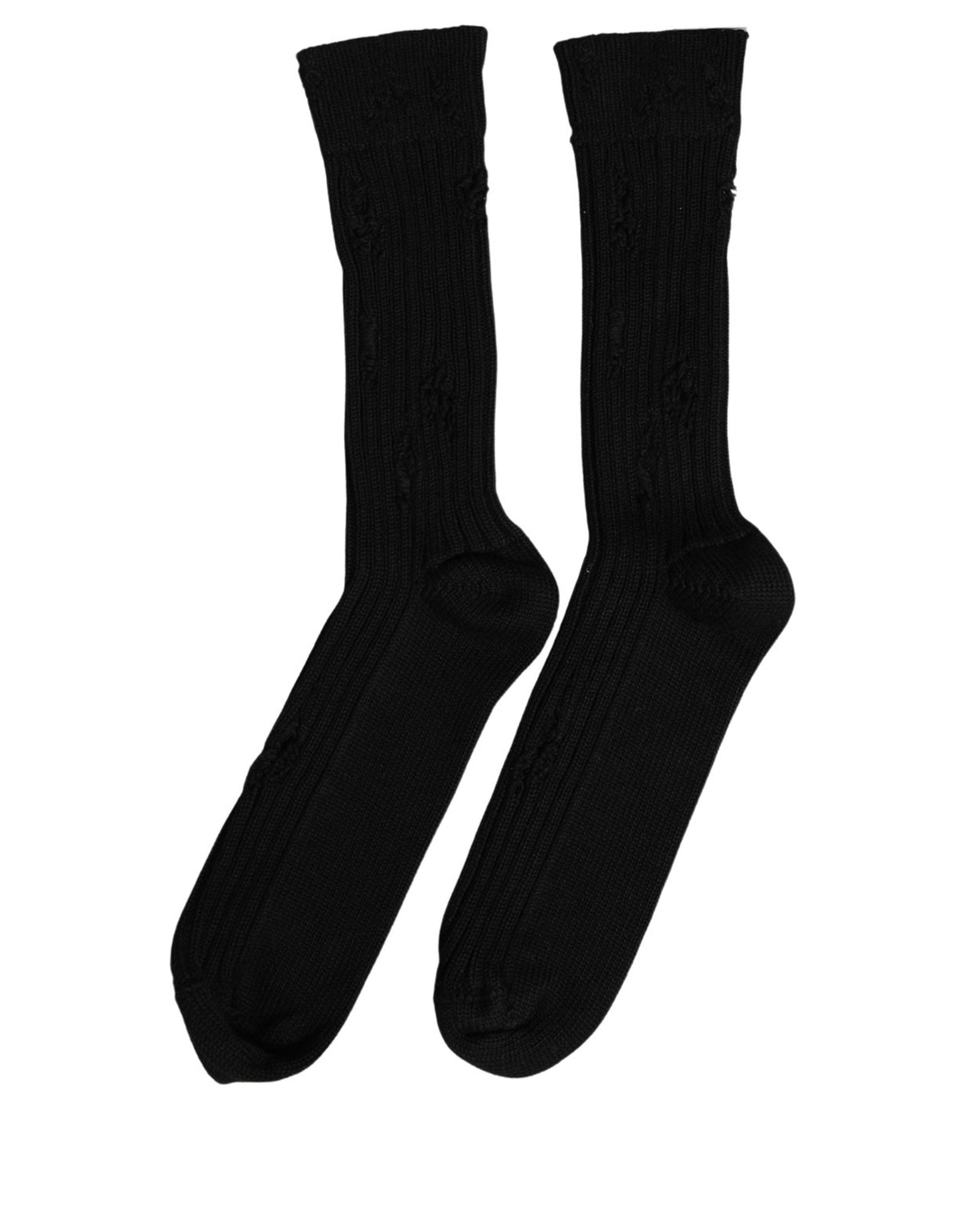 Dolce & Gabbana Men Black Cotton Distressed Mid Accessory Socks