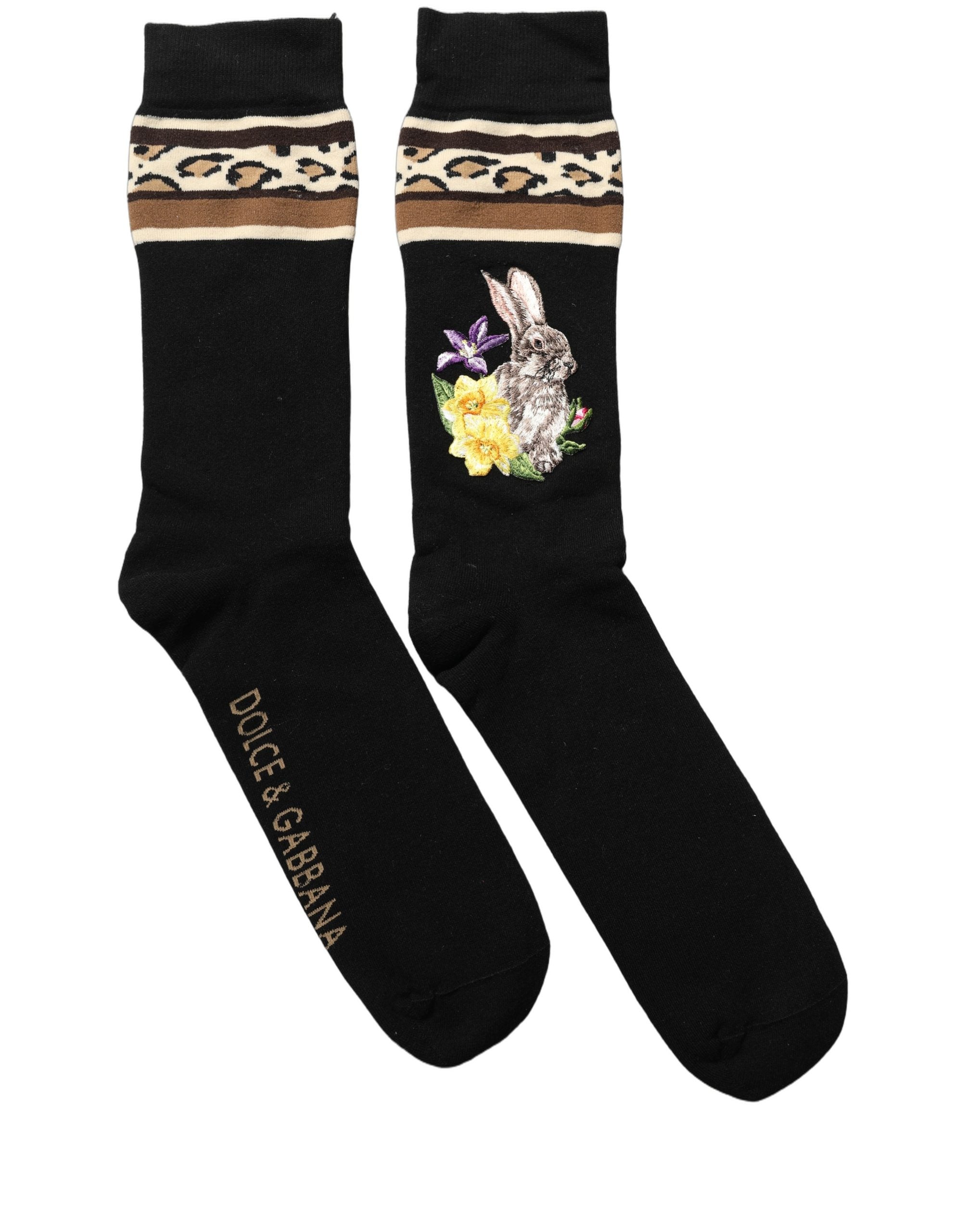 Dolce & Gabbana Black Rabbit Floral Wool Mid Accessory Socks