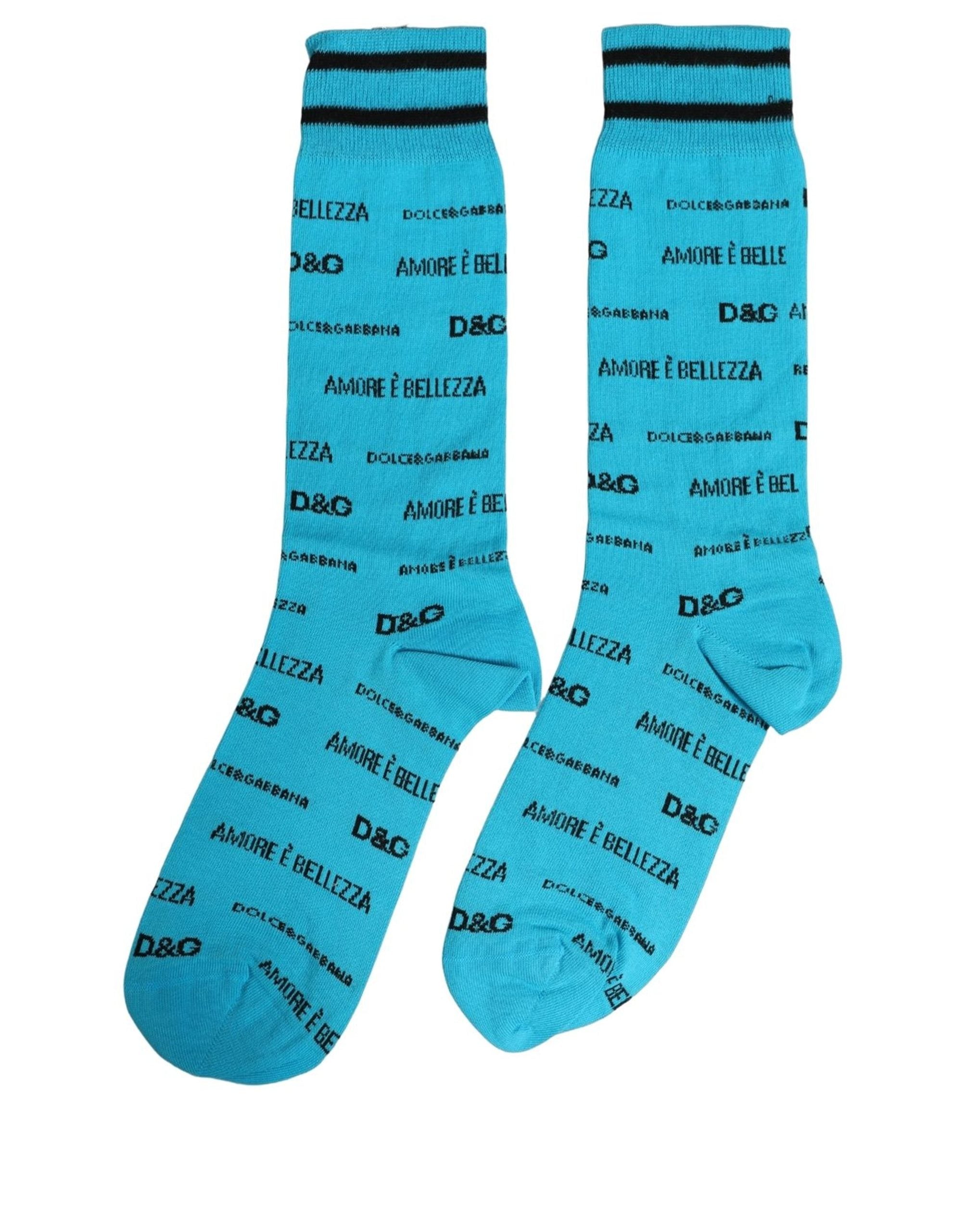 Dolce & Gabbana Light Blue Cotton Logo Mid Accessory Socks