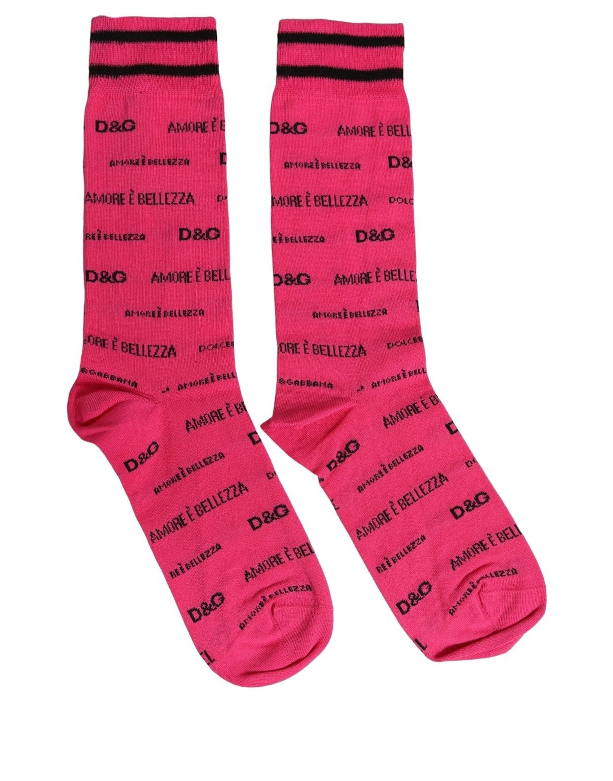 Dolce & Gabbana Pink Cotton Logo Print Mid Accessory Socks