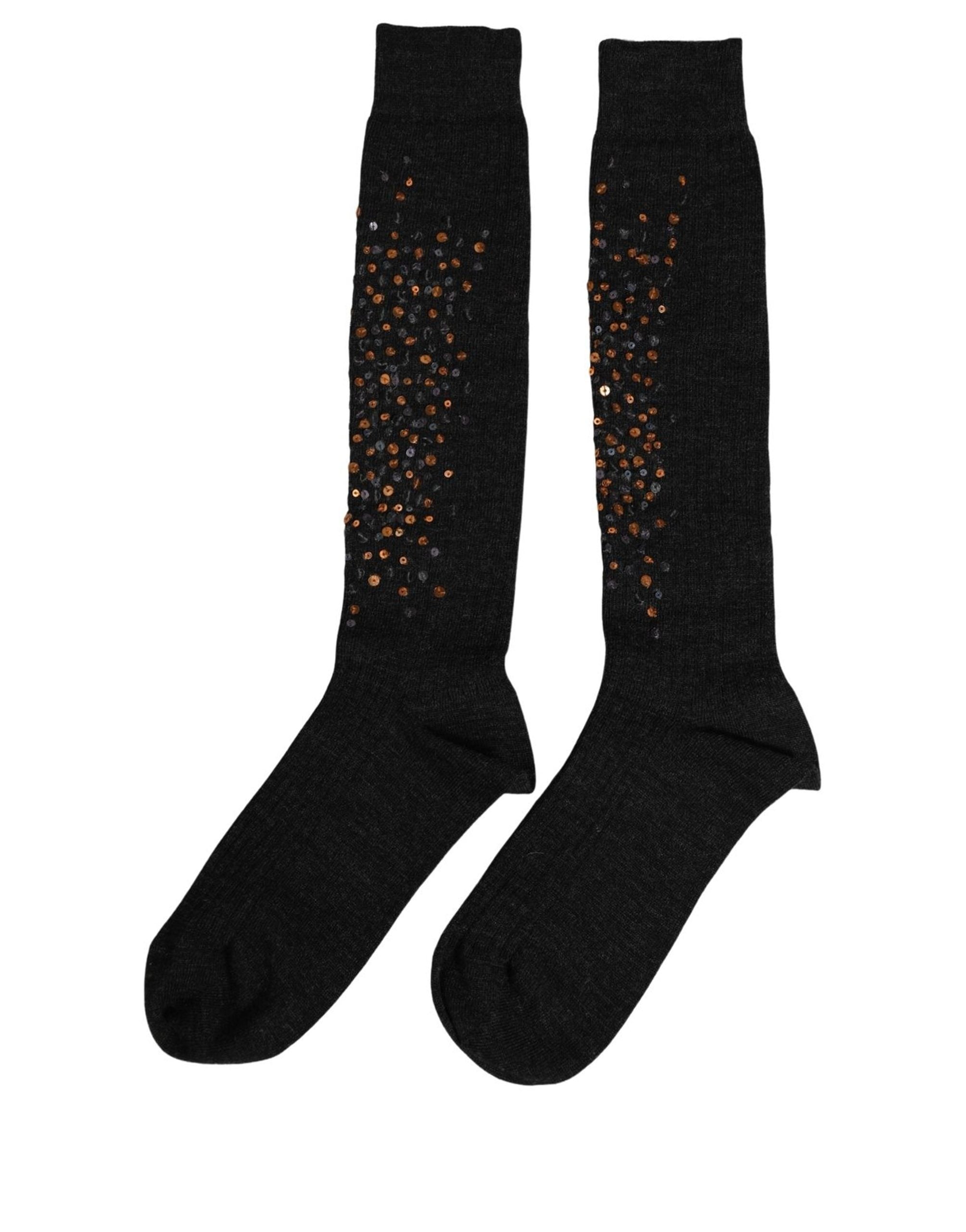 Dolce & Gabbana Dark Gray Sequined Wool Knee High Accessory Socks
