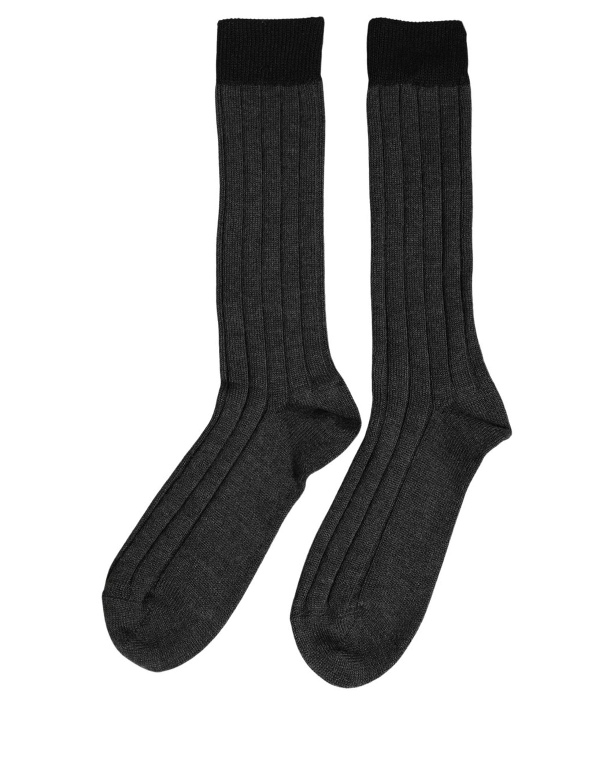 Dolce & Gabbana Dark Gray Wool Logo Long Ribbed Accessory Socks