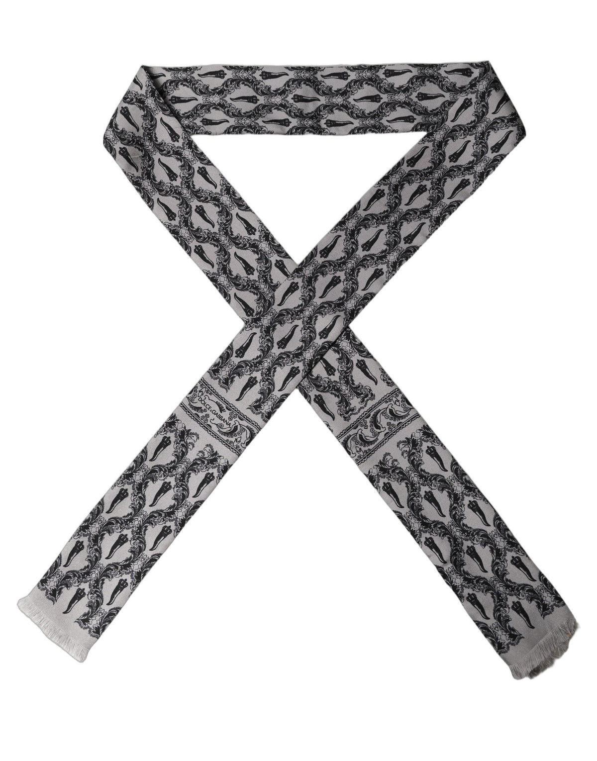 New Dolce & Gabbana Gray Baroque Silk Fringed Skinny Foulard Scarf