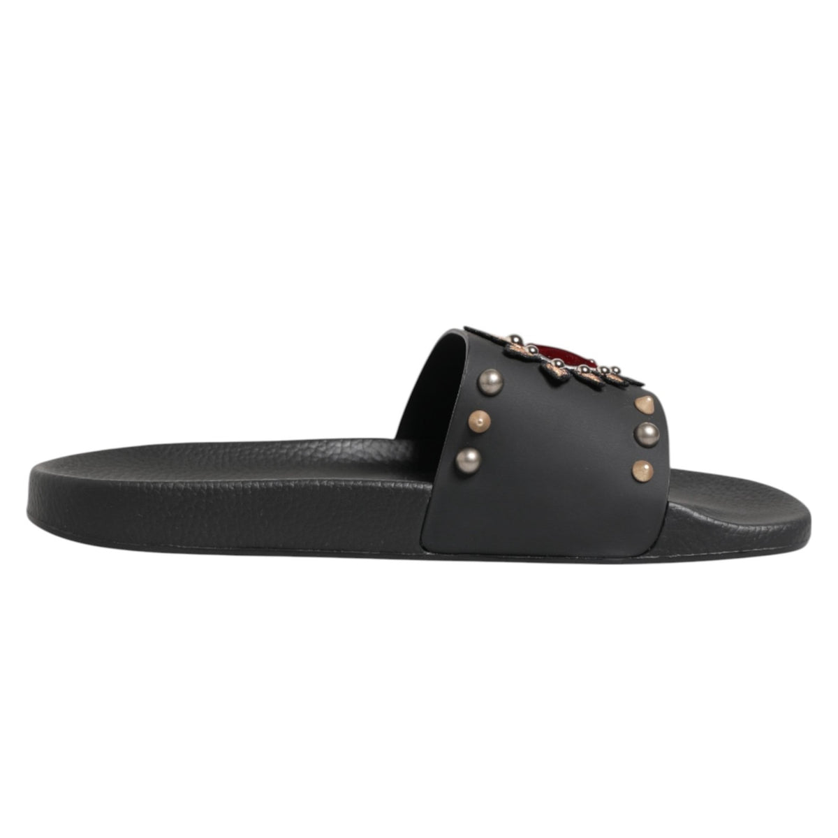 New Dolce & Gabbana Black Heart Patch Rubber Calfskin Slippers Shoes